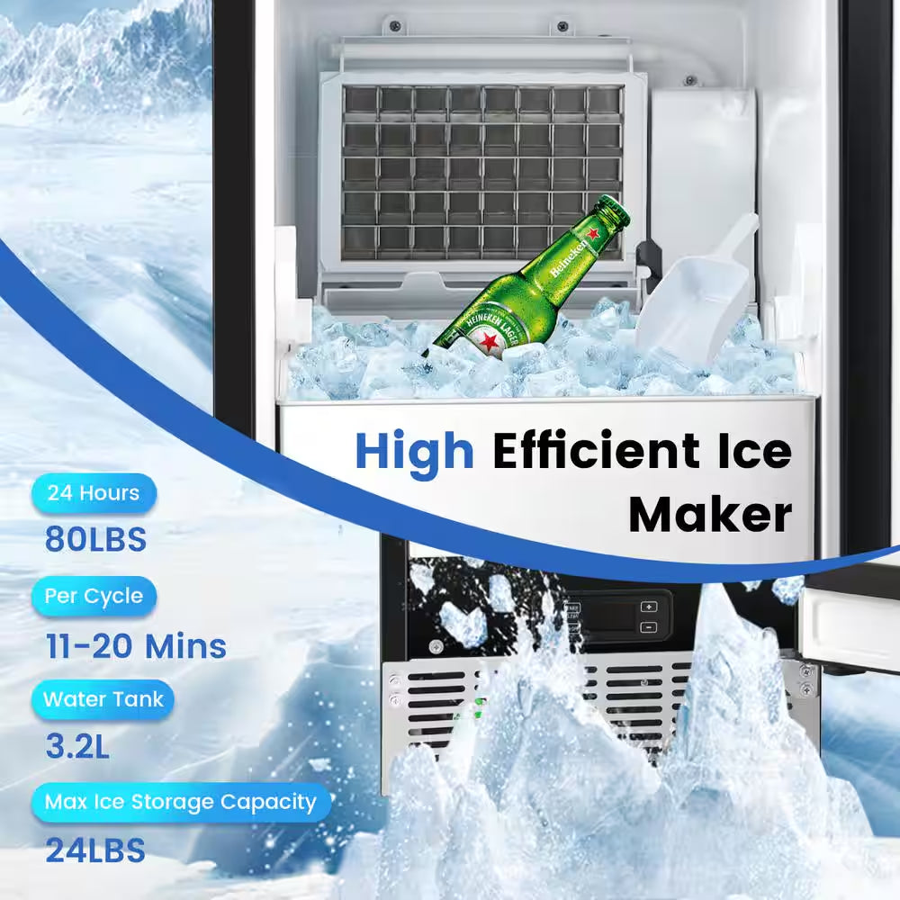 15 In. 80 Lb. Built-In Ice Maker Free-Standing/Under Counter Machine in Silver