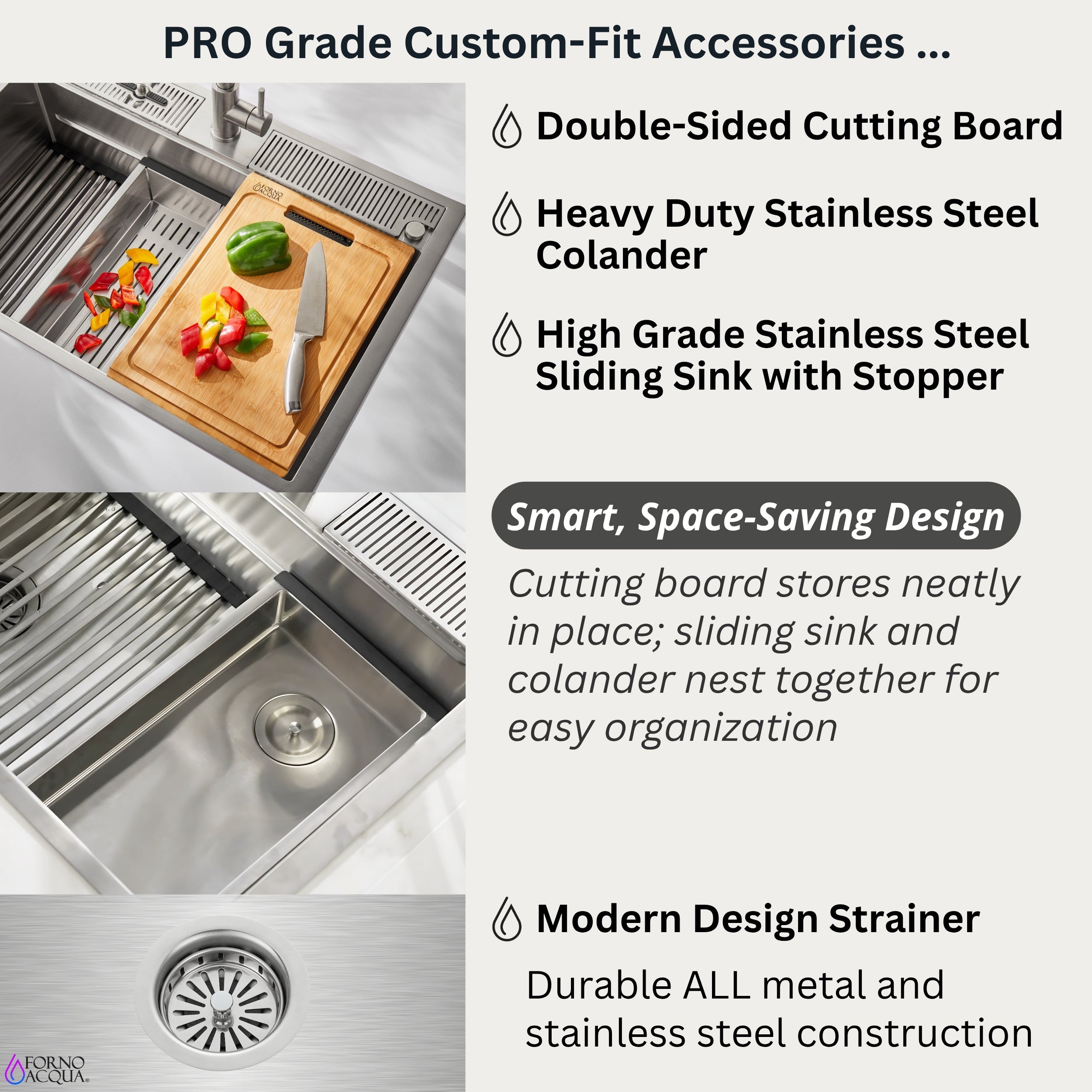 FORNO ACQUA MultiSINK kit with Integrated Waterfall Rinsing and Glass Washing Station. Includes Chef Faucet and Accessories.