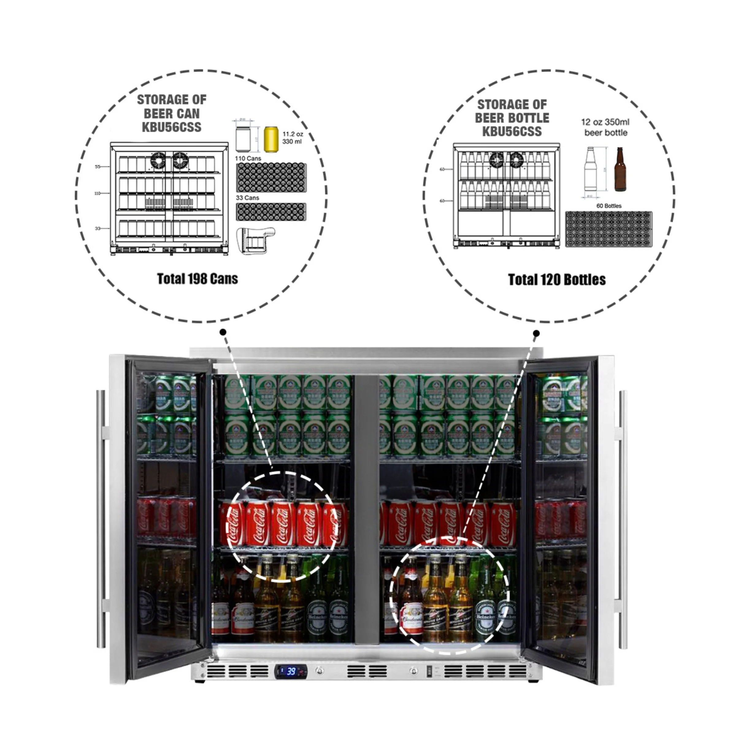 36-Inch Heating Glass Dual Door Built in Beverage Fridge