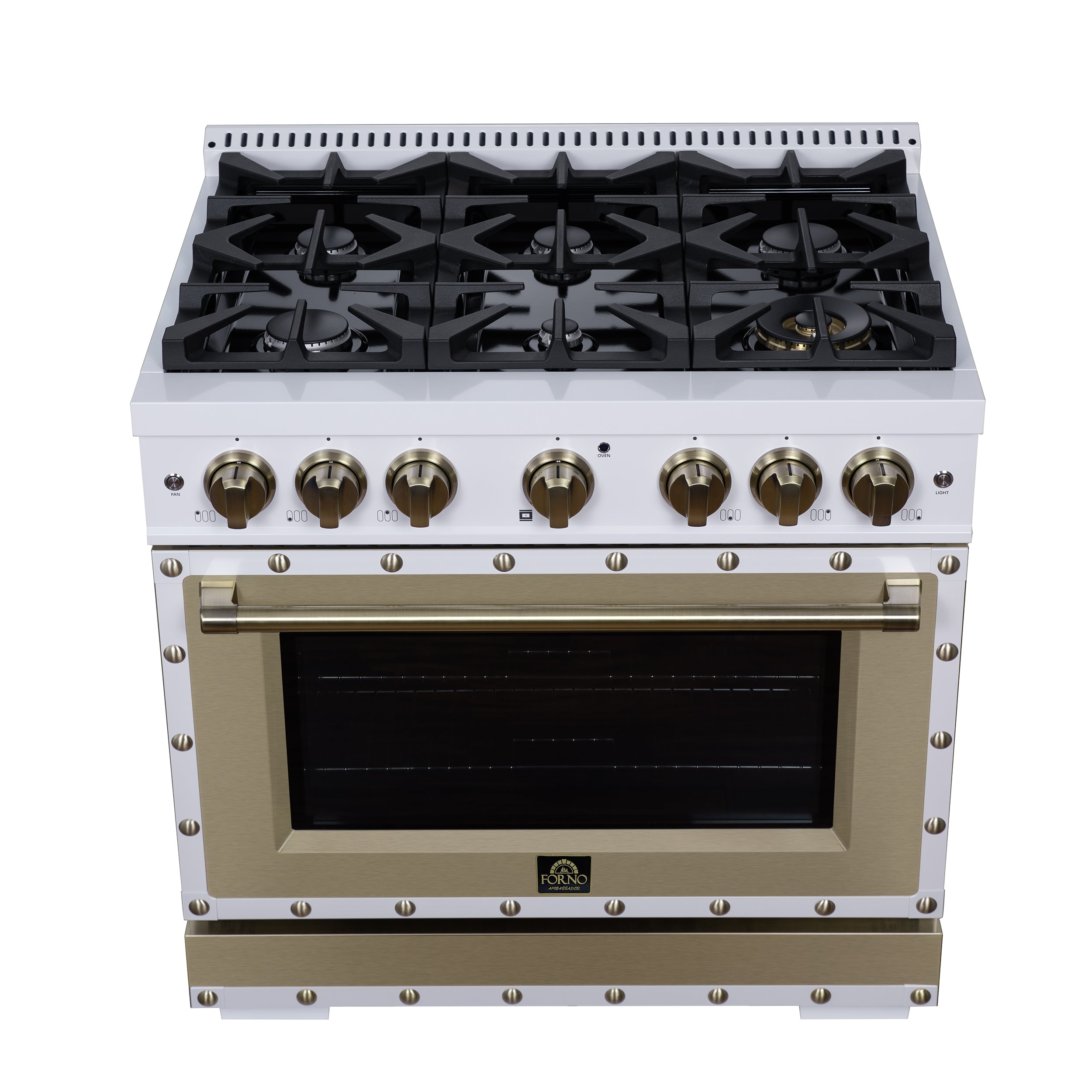 Valente 36" Dual Fuel Range in White, 6 Sealed Burners, 71 000 BTU Cooktop Output , 5.2 Cu.Ft. convection Oven, Telescopic Racks