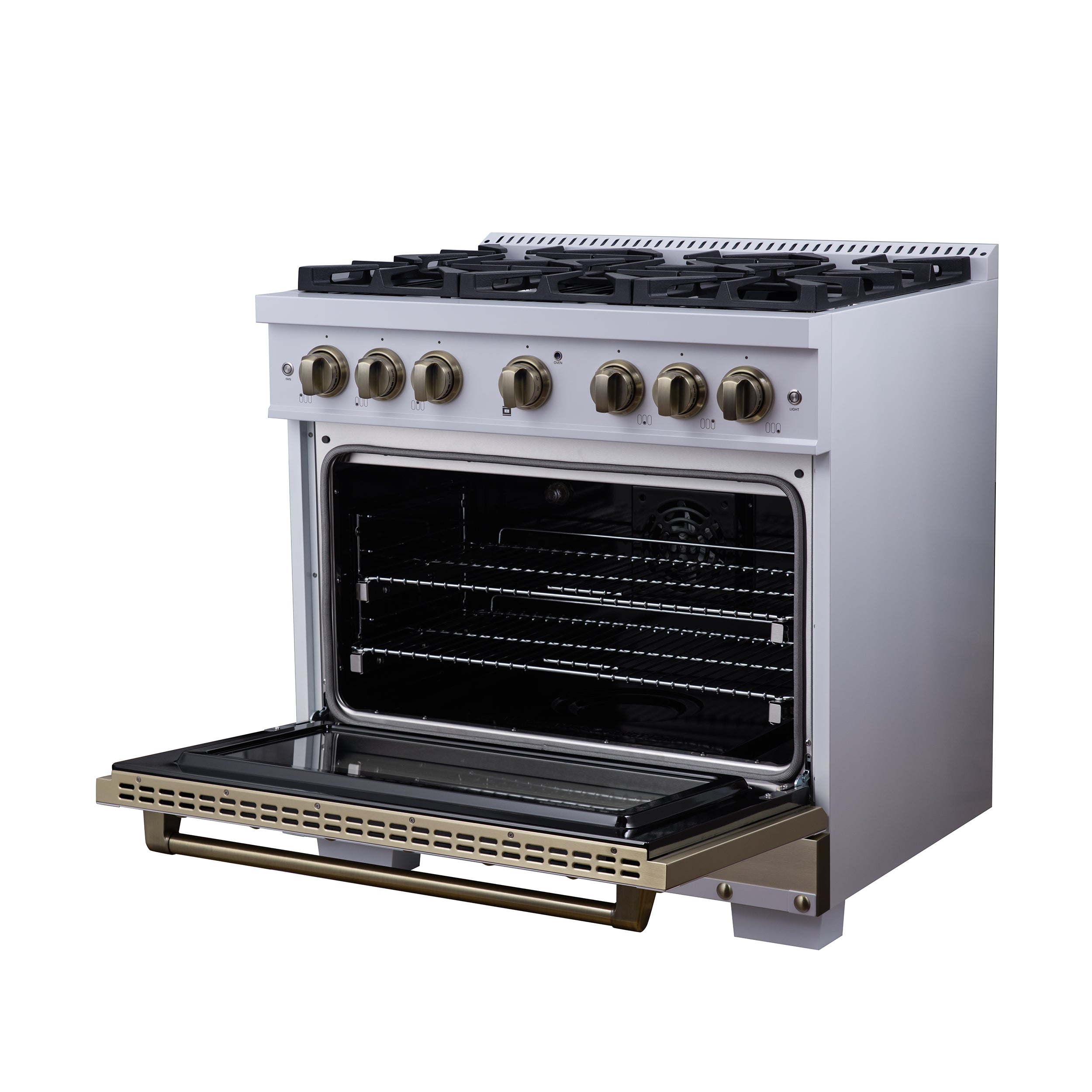 Valente 36" Dual Fuel Range in White, 6 Sealed Burners, 71 000 BTU Cooktop Output , 5.2 Cu.Ft. convection Oven, Telescopic Racks