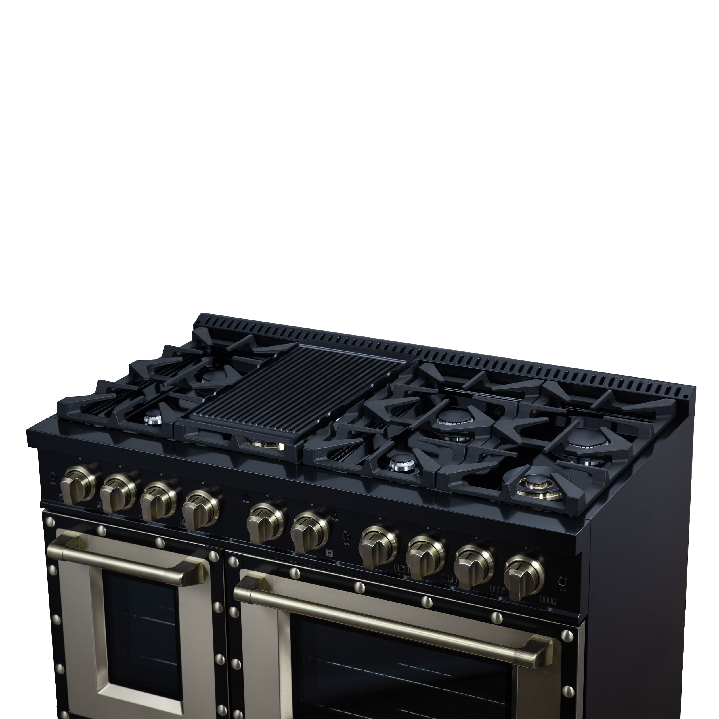 Valente 48" Dual Fuel Range in Black, 8 Sealed Burners, 94 000 BTU Cooktop Output, 6.7 Cu.Ft. Double Oven, Telescopic Racks