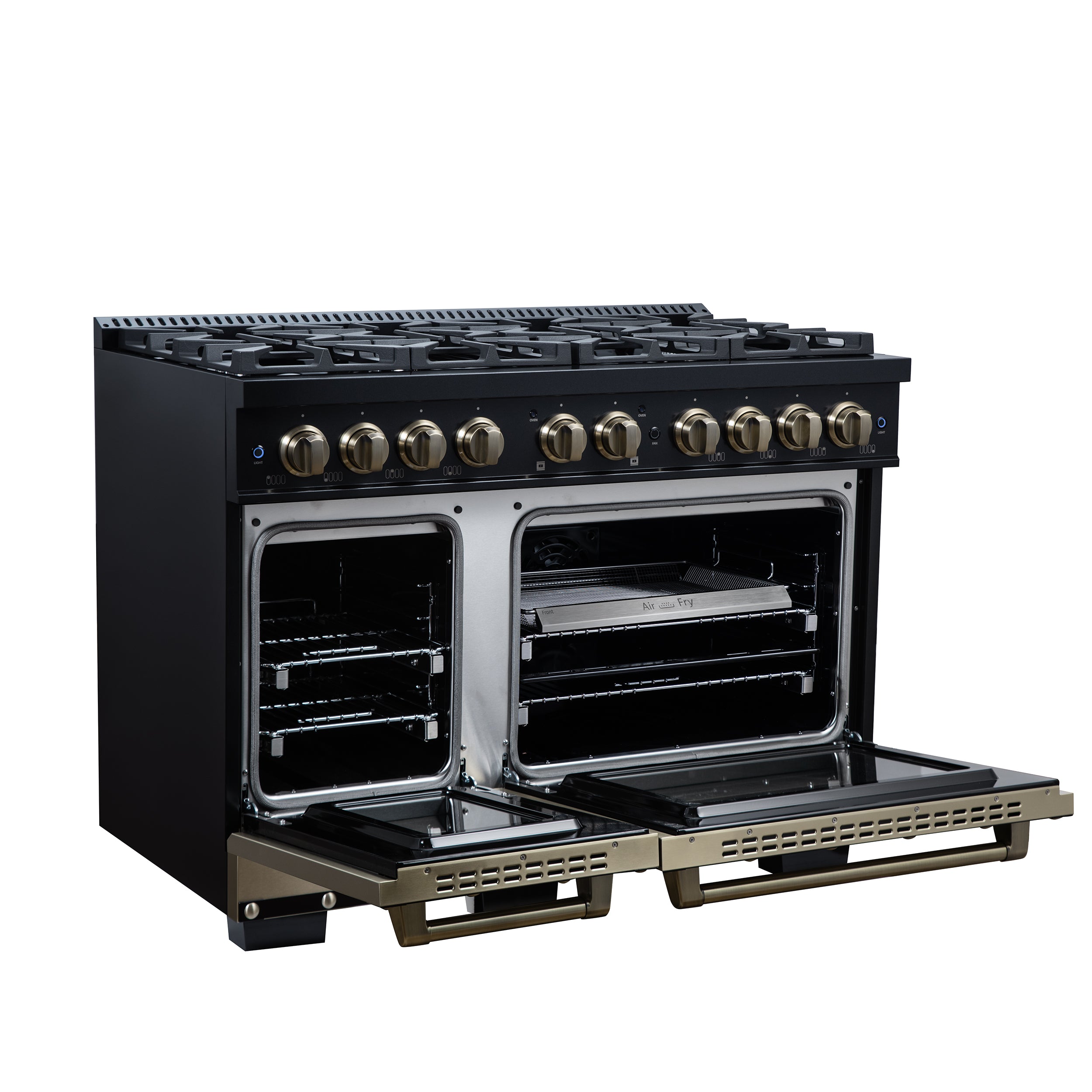 Valente 48" Dual Fuel Range in Black, 8 Sealed Burners, 94 000 BTU Cooktop Output, 6.7 Cu.Ft. Double Oven, Telescopic Racks