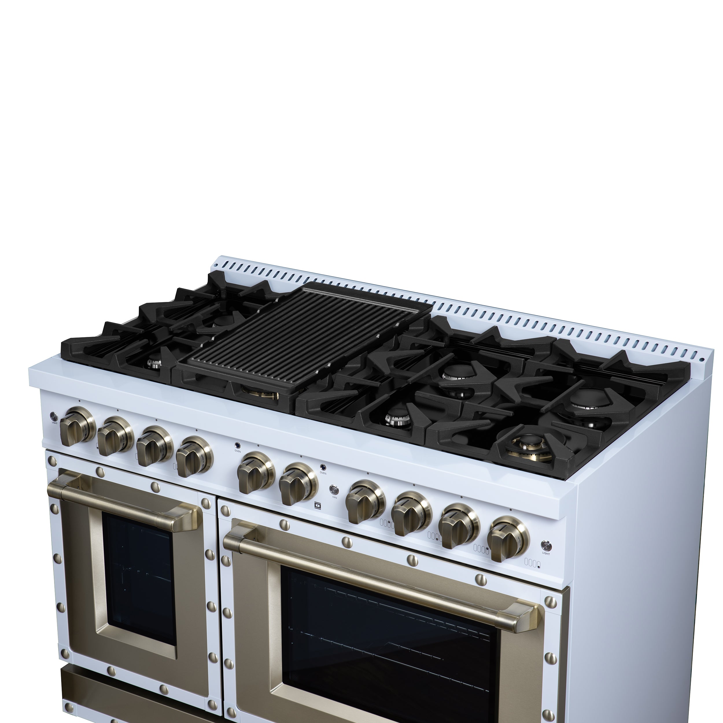 Valente 48" Dual Fuel Range in White, 8 Sealed Burners, 94 000 BTU Cooktop Output, 6.7 Cu.Ft. Double Oven, Telescopic Racks