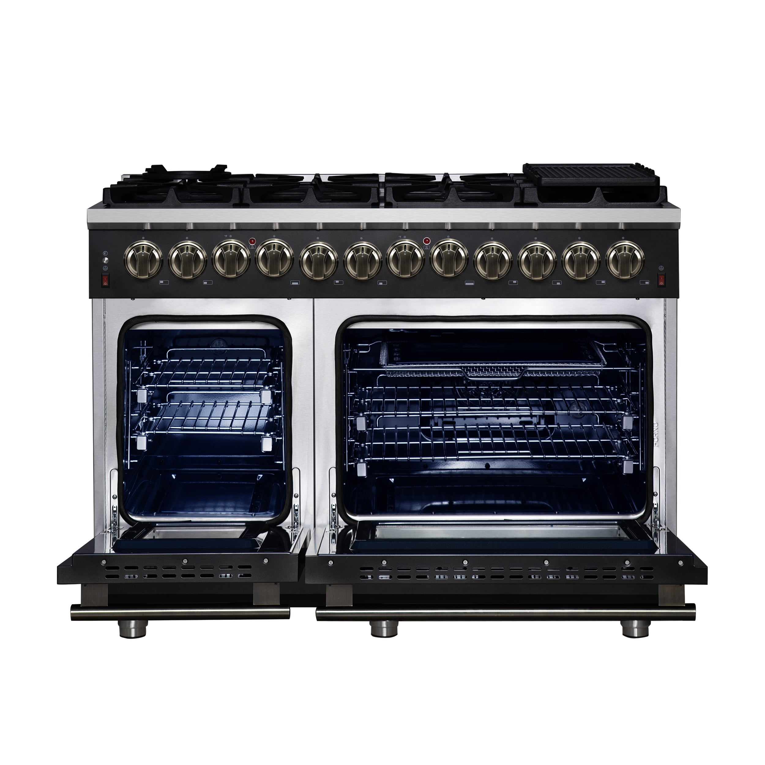 Forno Massimo 48 Inch Freestanding Dual Fuel Range in Black with Antique Brass Accessories, 8 Burners, 6.58 cu. ft. Convection Oven