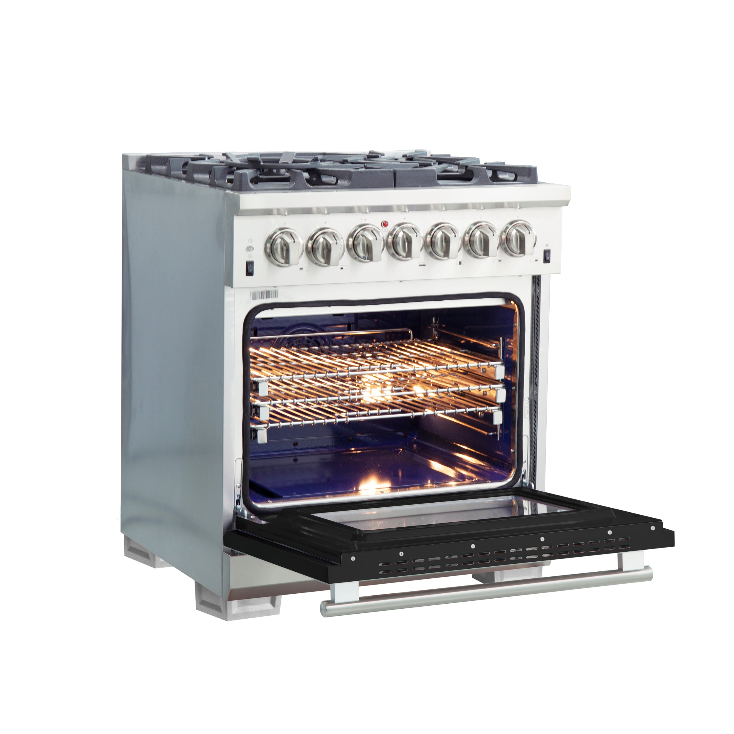 Forno Capriasca 30-Inch Freestanding Dual Fuel Range, 4 Burners, True Convection Oven, Black Door