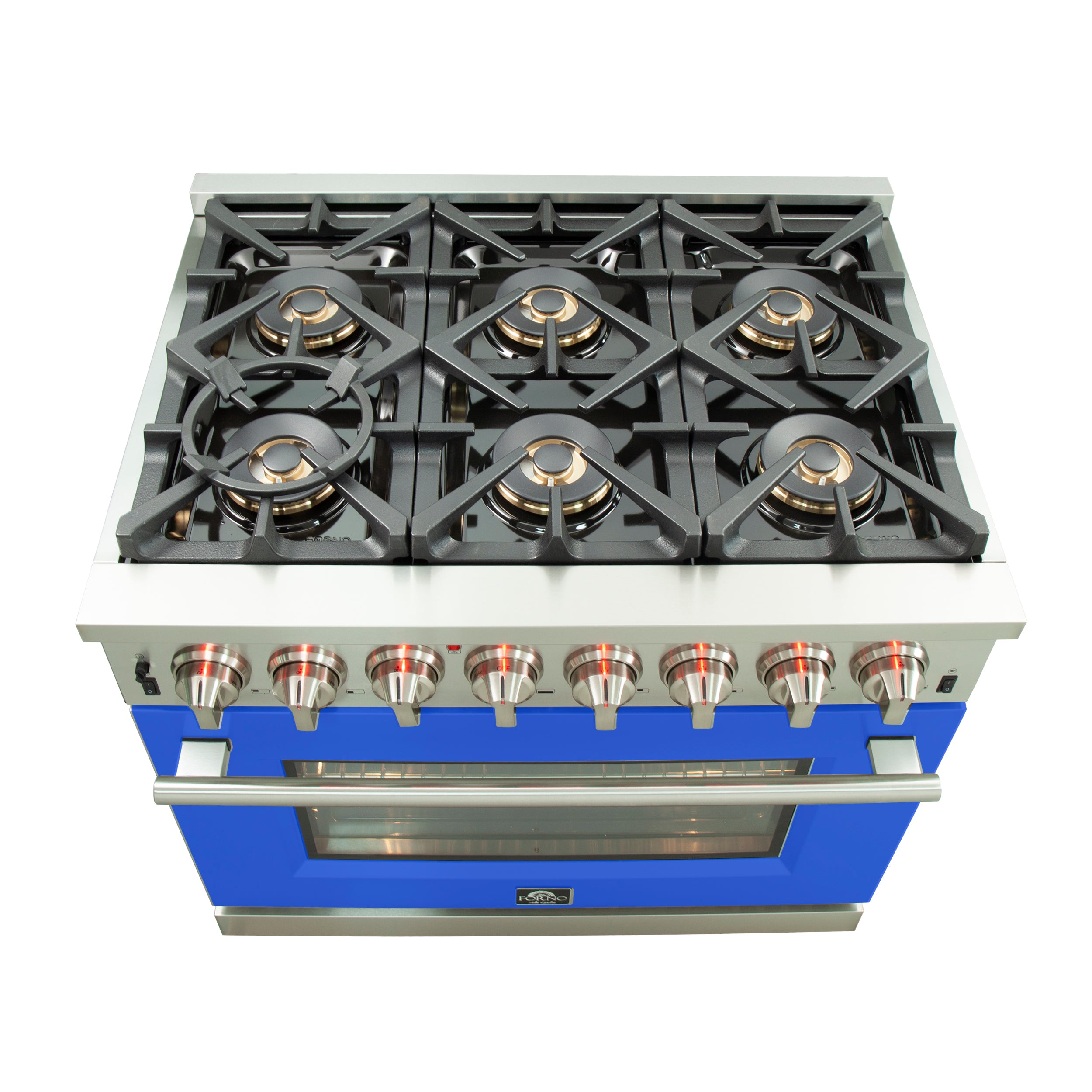 Forno Capriasca 36-Inch Freestanding Dual Fuel Range, 6 Burners, True Convection Oven, Blue Door
