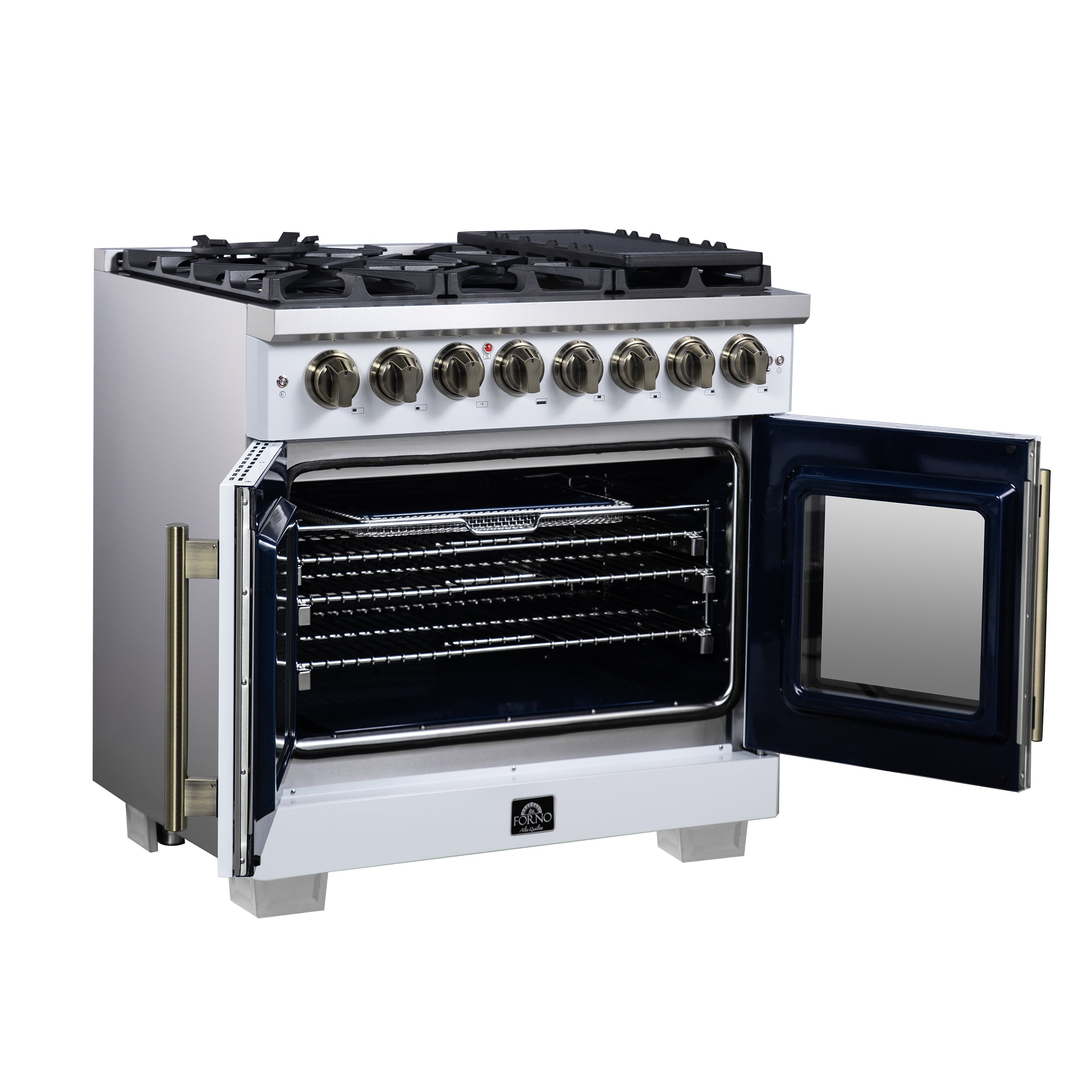 Forno Capriasca 36 Inch Freestanding French Door Dual Fuel Range in White with Antique Brass Accessories, 6 Burners, True Convection Oven