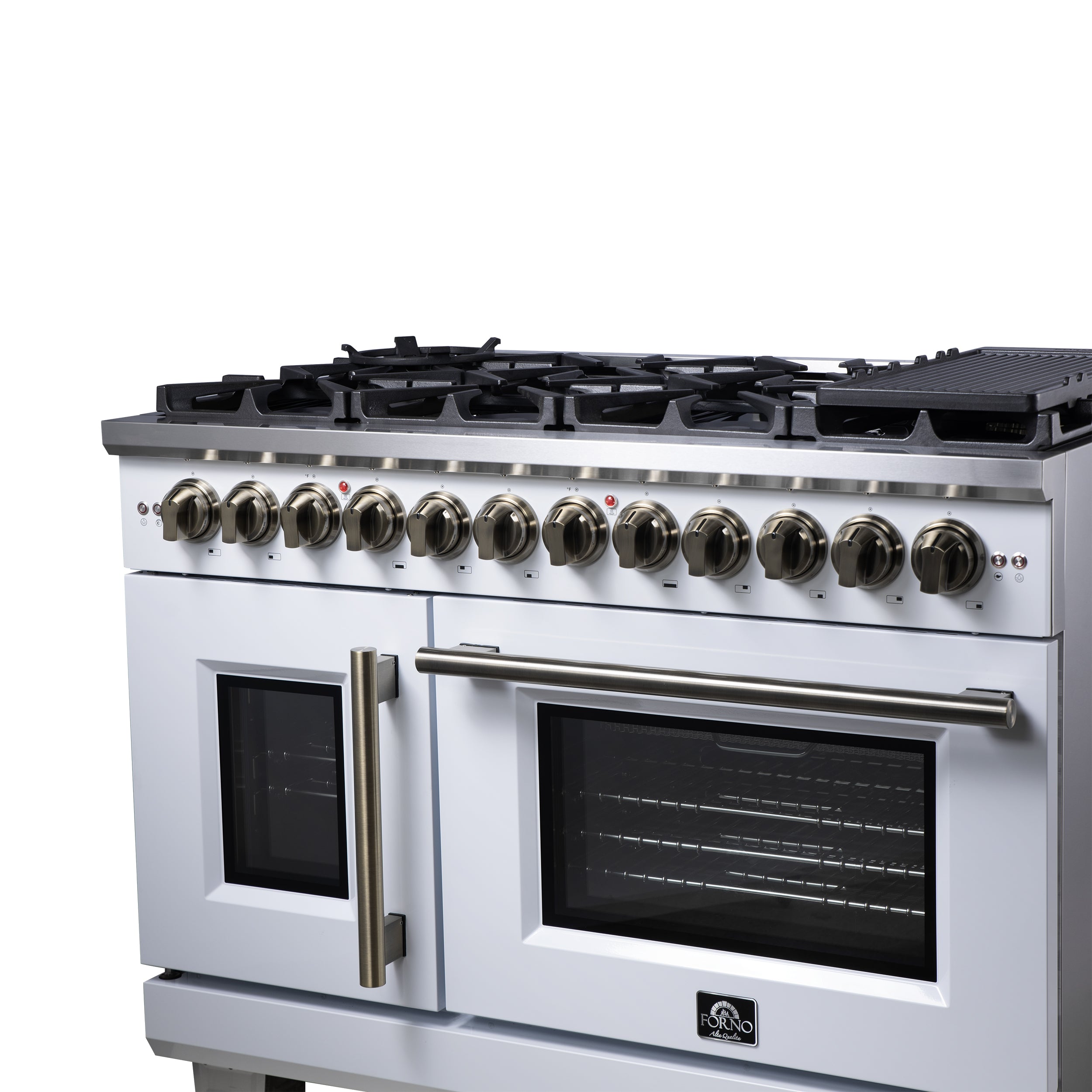 Forno Capriasca 48 Inch Freestanding French Door Dual Fuel Range in White with Antique Brass Accessories, 8 Burners, True Convection Oven