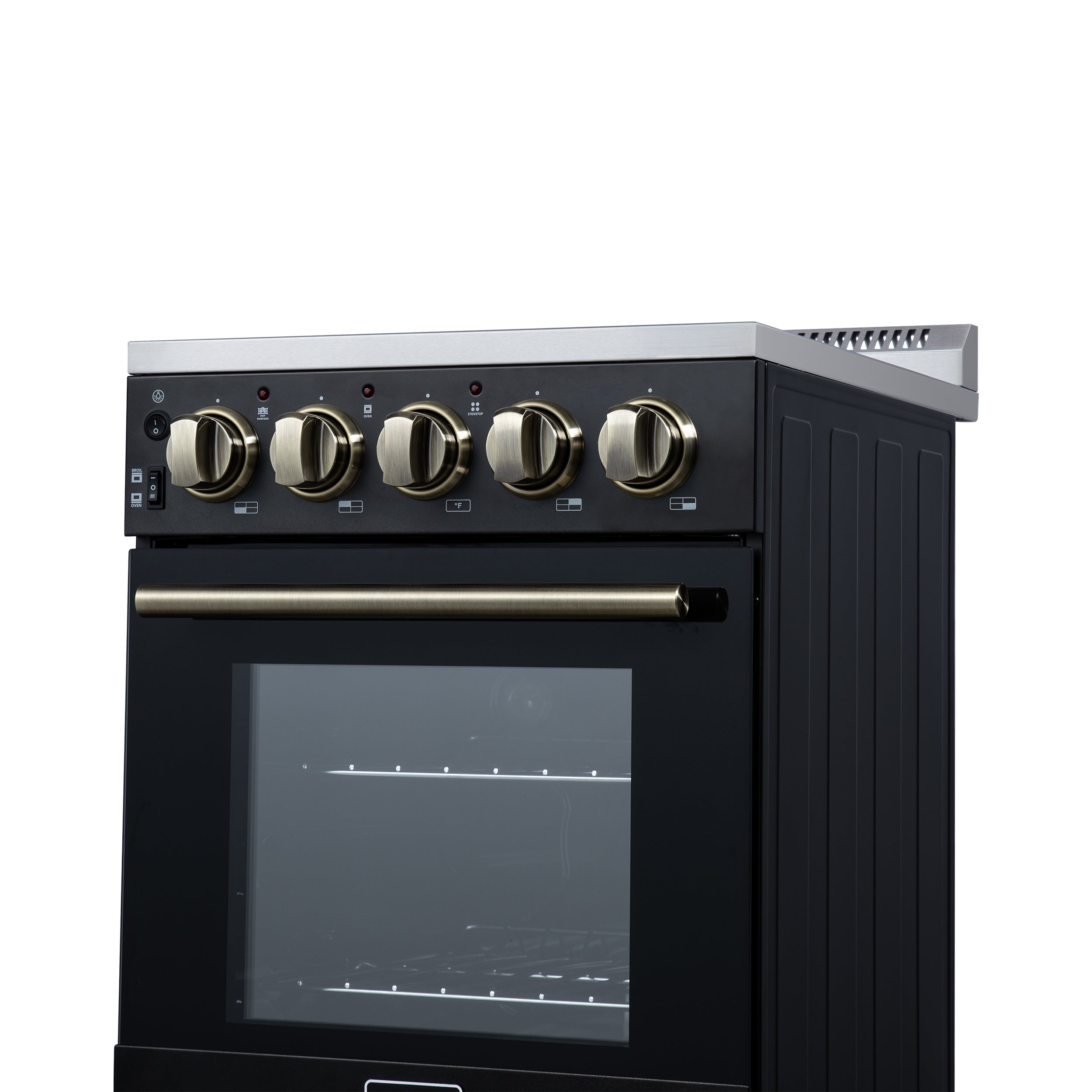 Forno Pallerano 20 Inch Freestanding Electric Range in Black with Antique Brass, Compact Design
