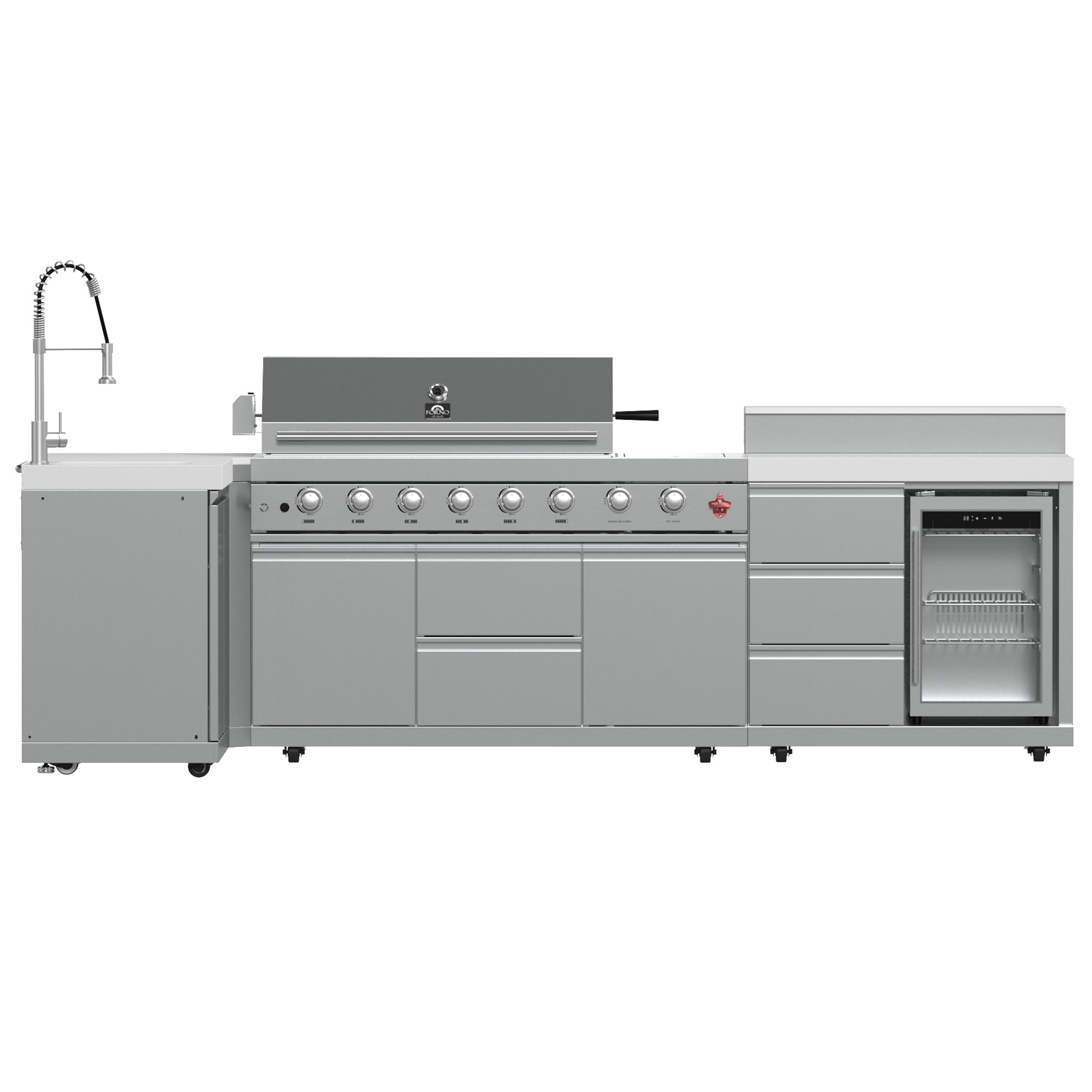 FORNO Bulnes 40-Inch BBQ, 95,000 BTU, 5 Burners, Sear & Rotisserie Infrared with Side Burner, Stainless Steel Outdoor Kitchen with 1.8 cu.ft. Beverage Center & White Sintered Stone Countertops