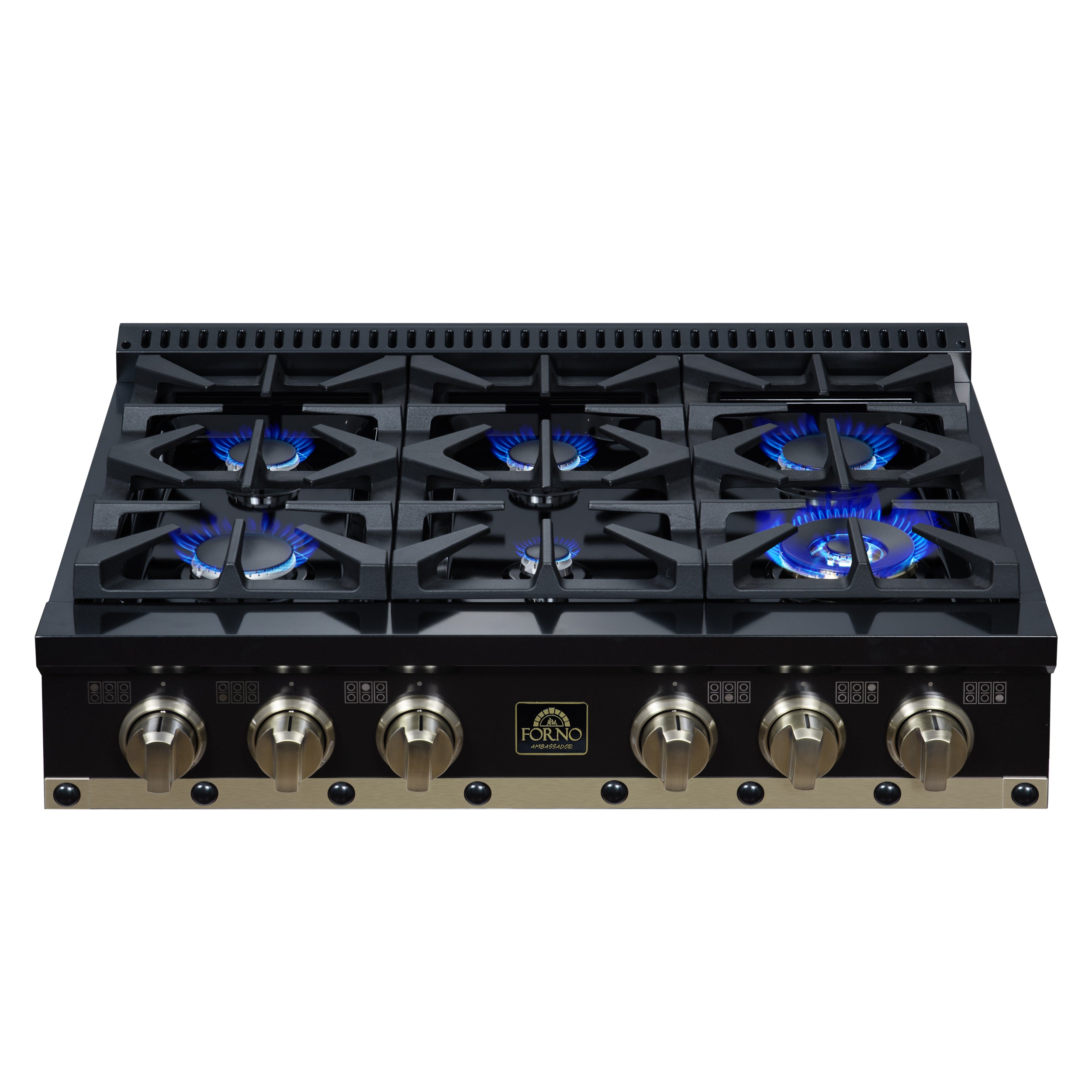 Valente 36" Gas Cooktop in Black, 6 Sealed burners, 71,000 BUT Output, 1 Antique Brass Dual-Ring Burner, Continuous Cast Iron Grates