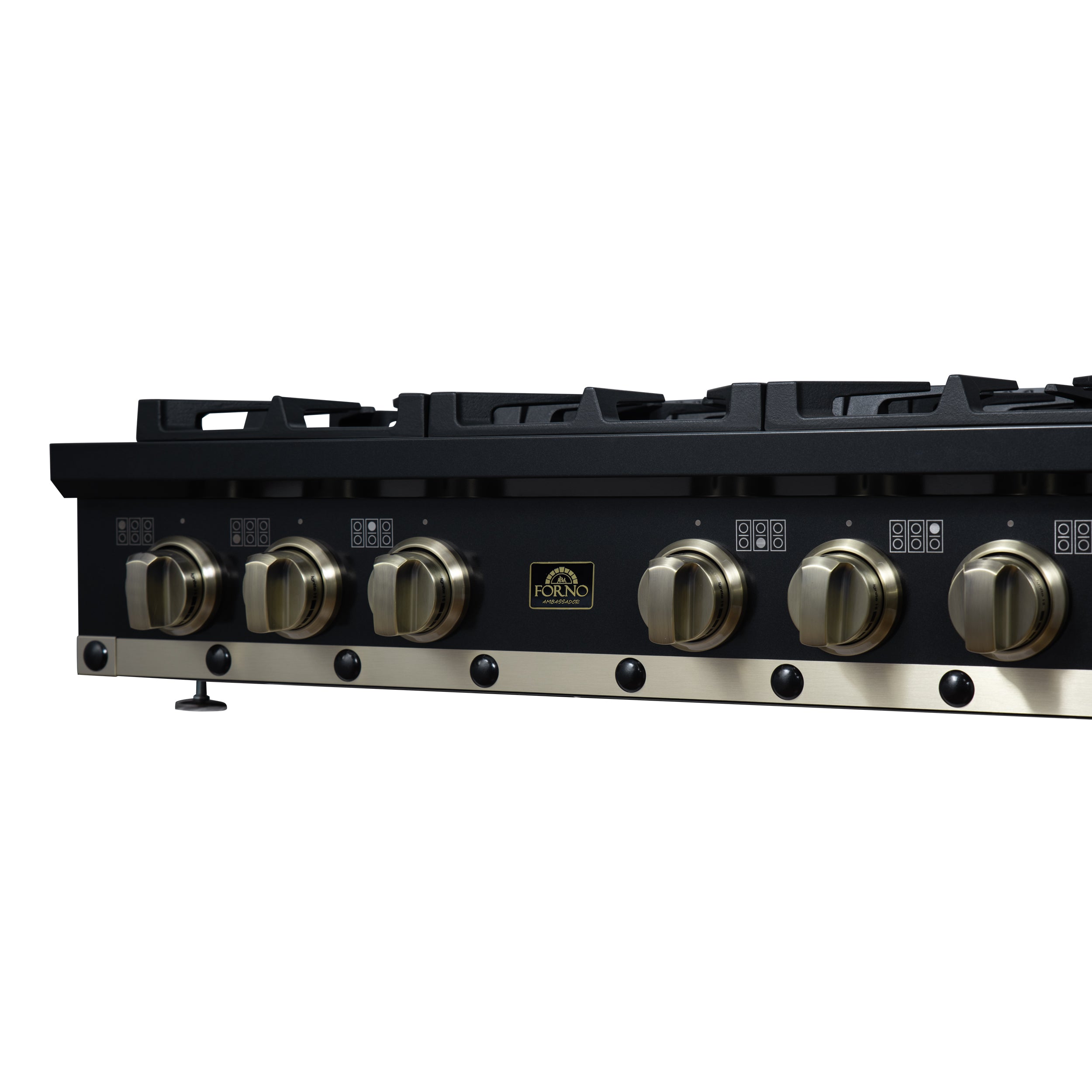 Valente 36" Gas Cooktop in Black, 6 Sealed burners, 71,000 BUT Output, 1 Antique Brass Dual-Ring Burner, Continuous Cast Iron Grates
