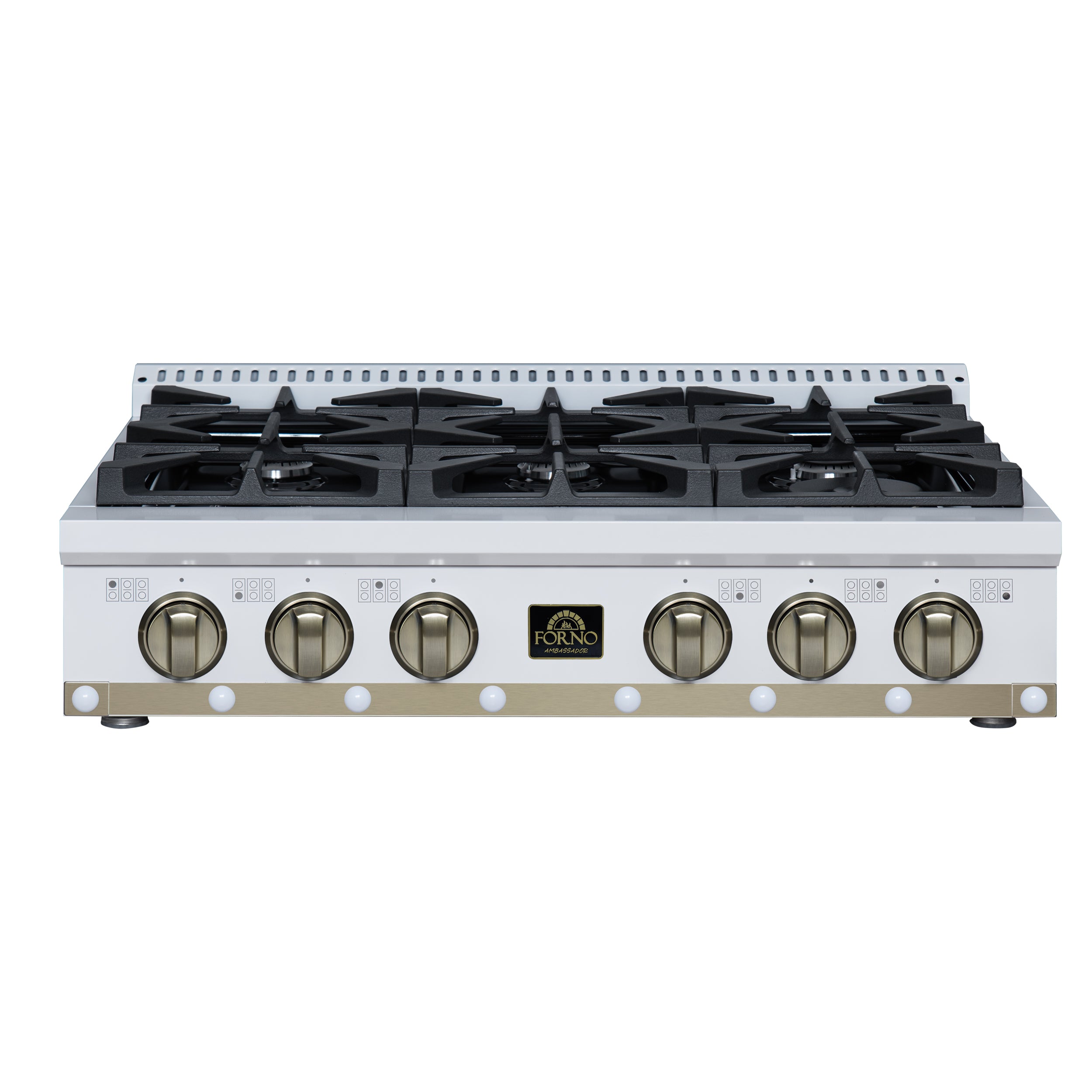 Valente 36" Gas Cooktop in White, 6 Sealed burners, 71,000 BUT Output, 1 Antique Brass Dual-Ring Burner, Continuous Cast Iron Grates