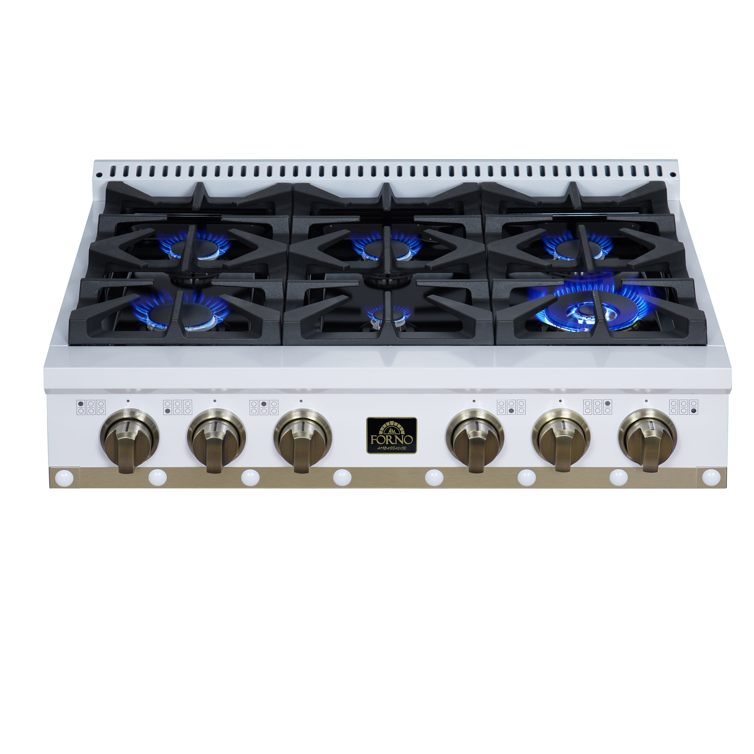 Valente 36" Gas Cooktop in White, 6 Sealed burners, 71,000 BUT Output, 1 Antique Brass Dual-Ring Burner, Continuous Cast Iron Grates