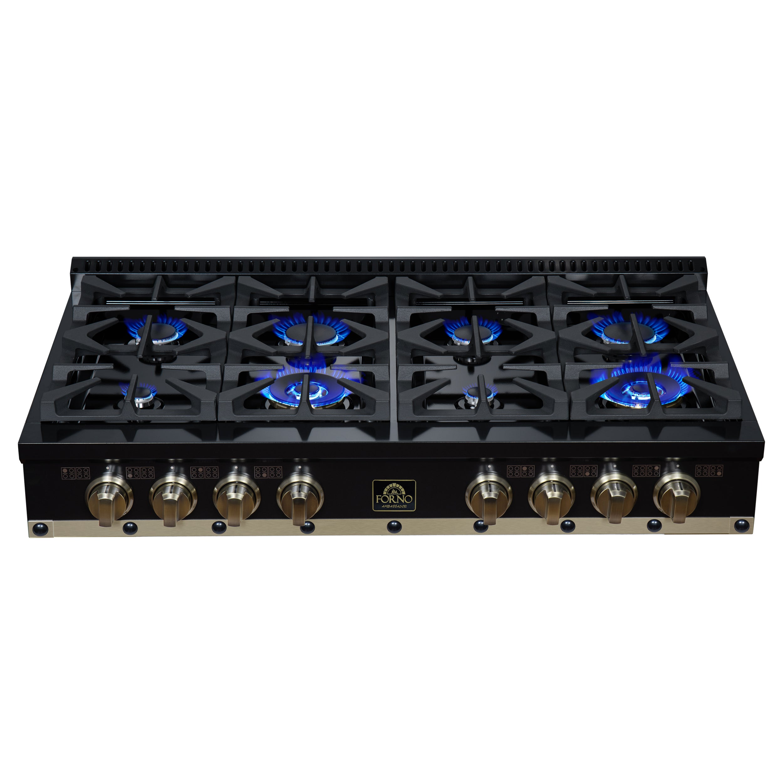 Valente 48" Gas Cooktop in Black, 8 Sealed burners, 94,000 BUT Output, 2 Antique Brass Dual-Ring Burners, Continuous Cast Iron Grates