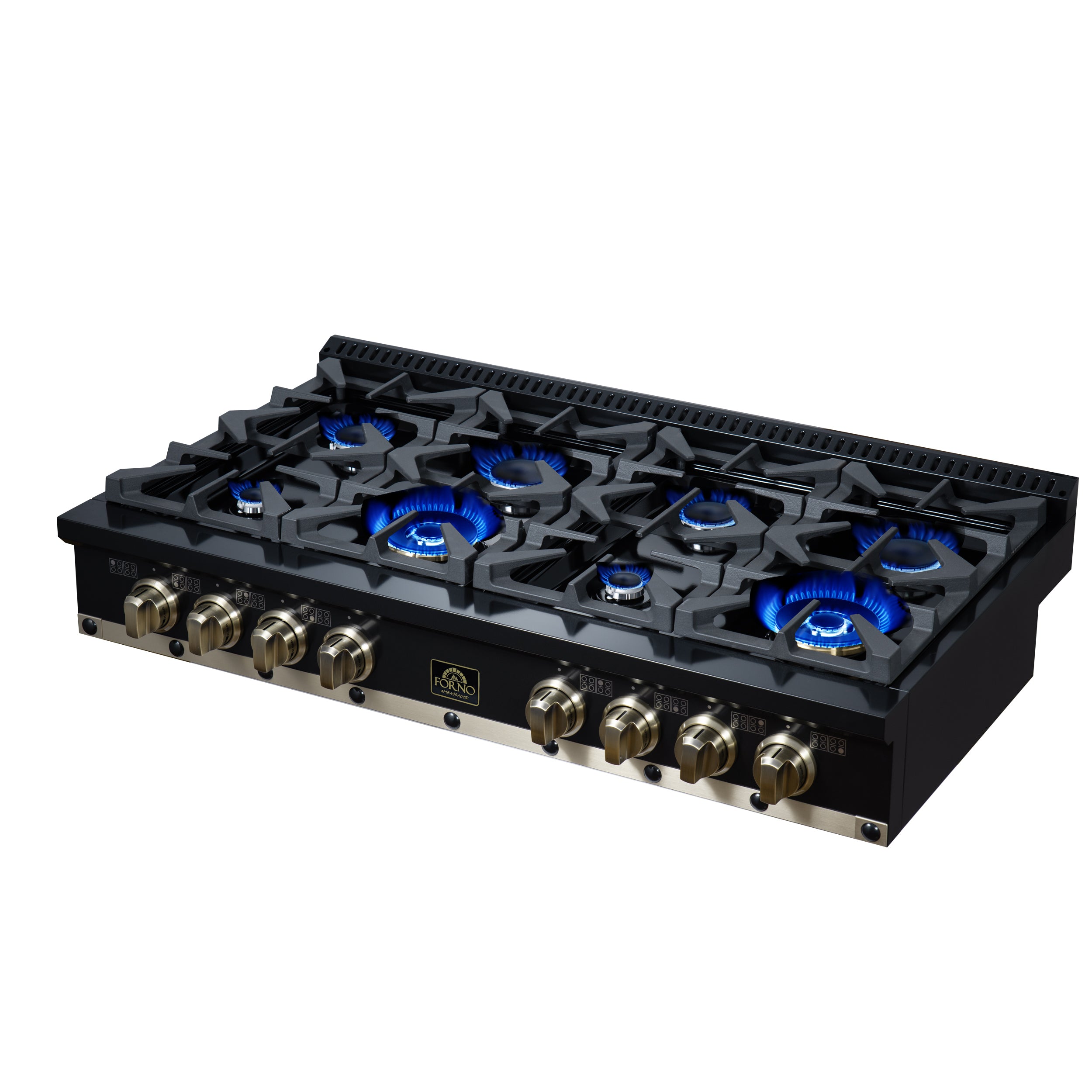 Valente 48" Gas Cooktop in Black, 8 Sealed burners, 94,000 BUT Output, 2 Antique Brass Dual-Ring Burners, Continuous Cast Iron Grates
