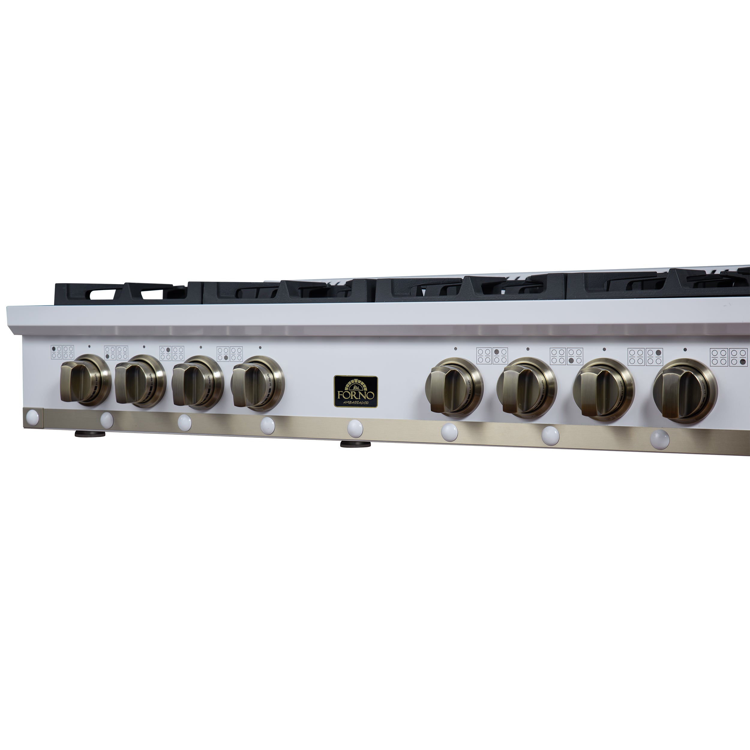 Valente 48" Gas Cooktop in White, 8 Sealed burners, 94,000 BUT Output, 2 Antique Brass Dual-Ring Burners, Continuous Cast Iron Grates