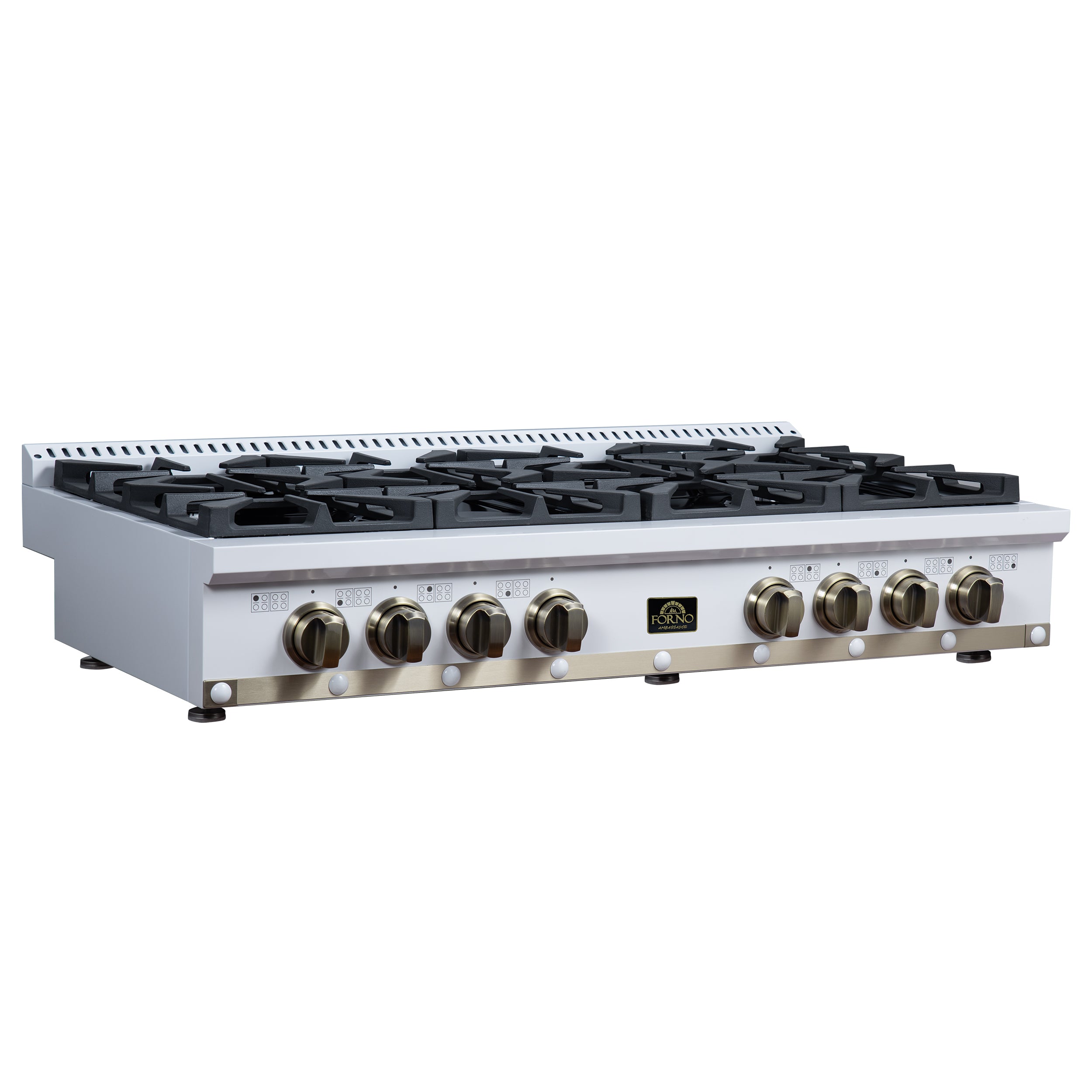 Valente 48" Gas Cooktop in White, 8 Sealed burners, 94,000 BUT Output, 2 Antique Brass Dual-Ring Burners, Continuous Cast Iron Grates