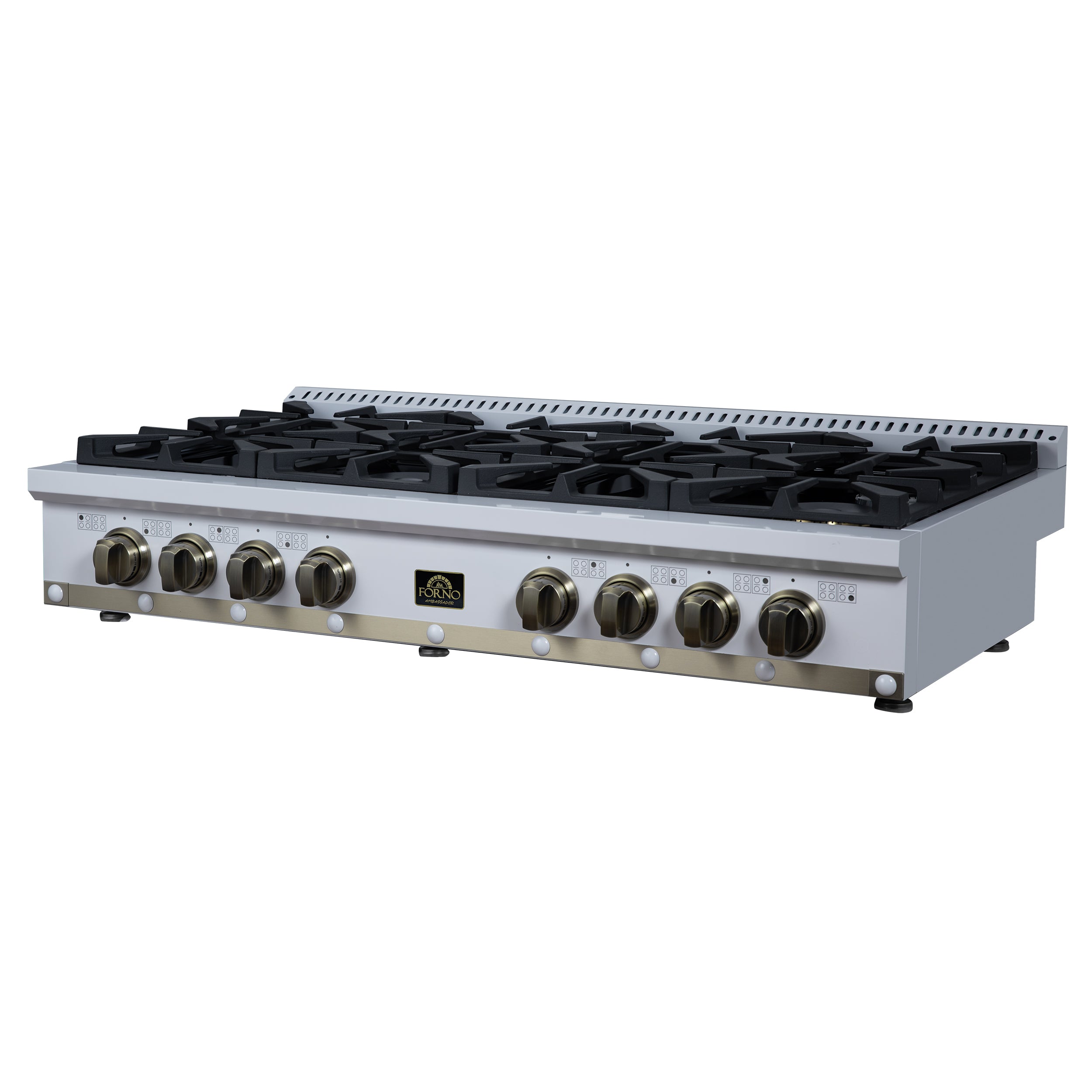 Valente 48" Gas Cooktop in White, 8 Sealed burners, 94,000 BUT Output, 2 Antique Brass Dual-Ring Burners, Continuous Cast Iron Grates