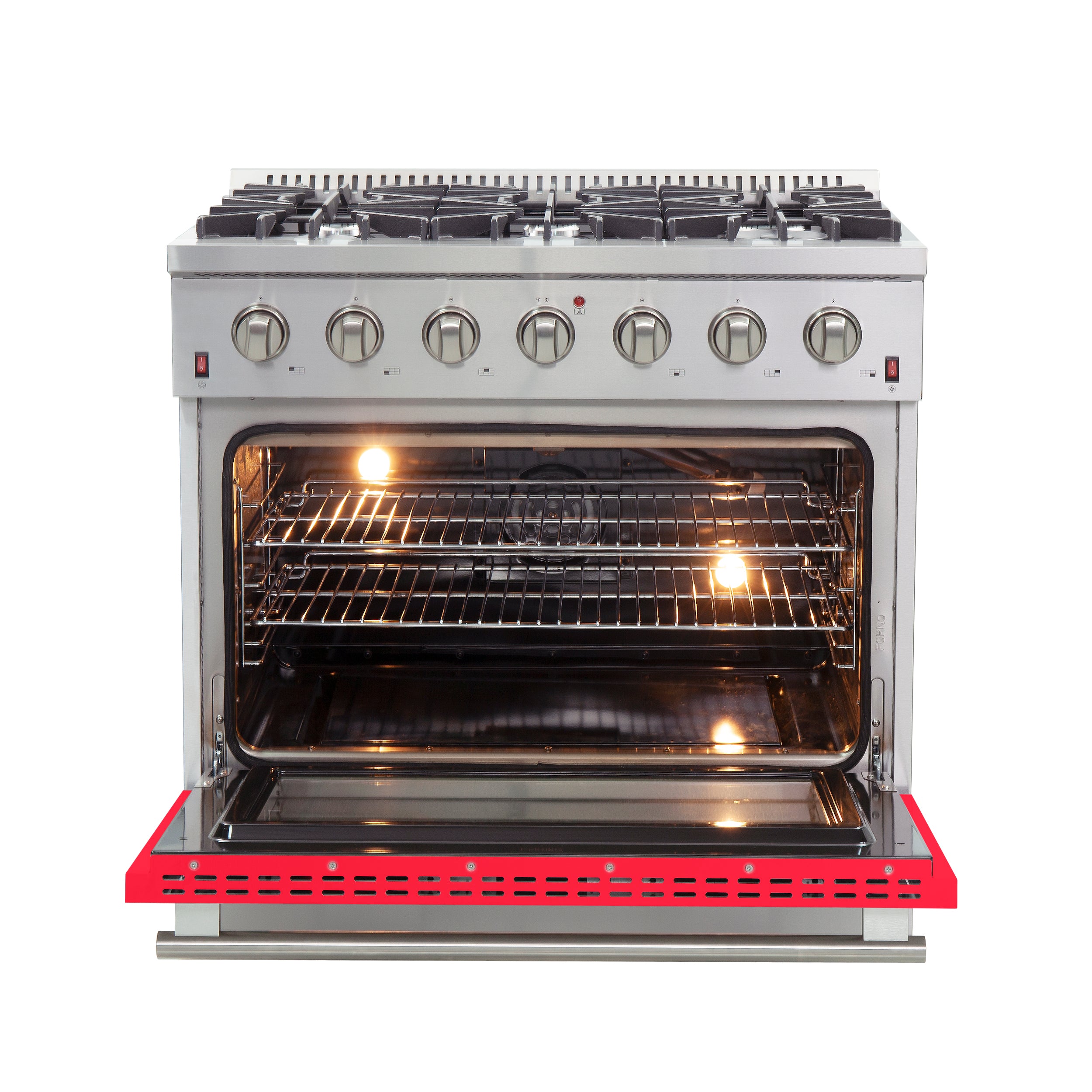 Forno Galiano 36-Inch Freestanding Gas Range, Stainless Steel, 6 Burners, Energy Efficient, Red Door