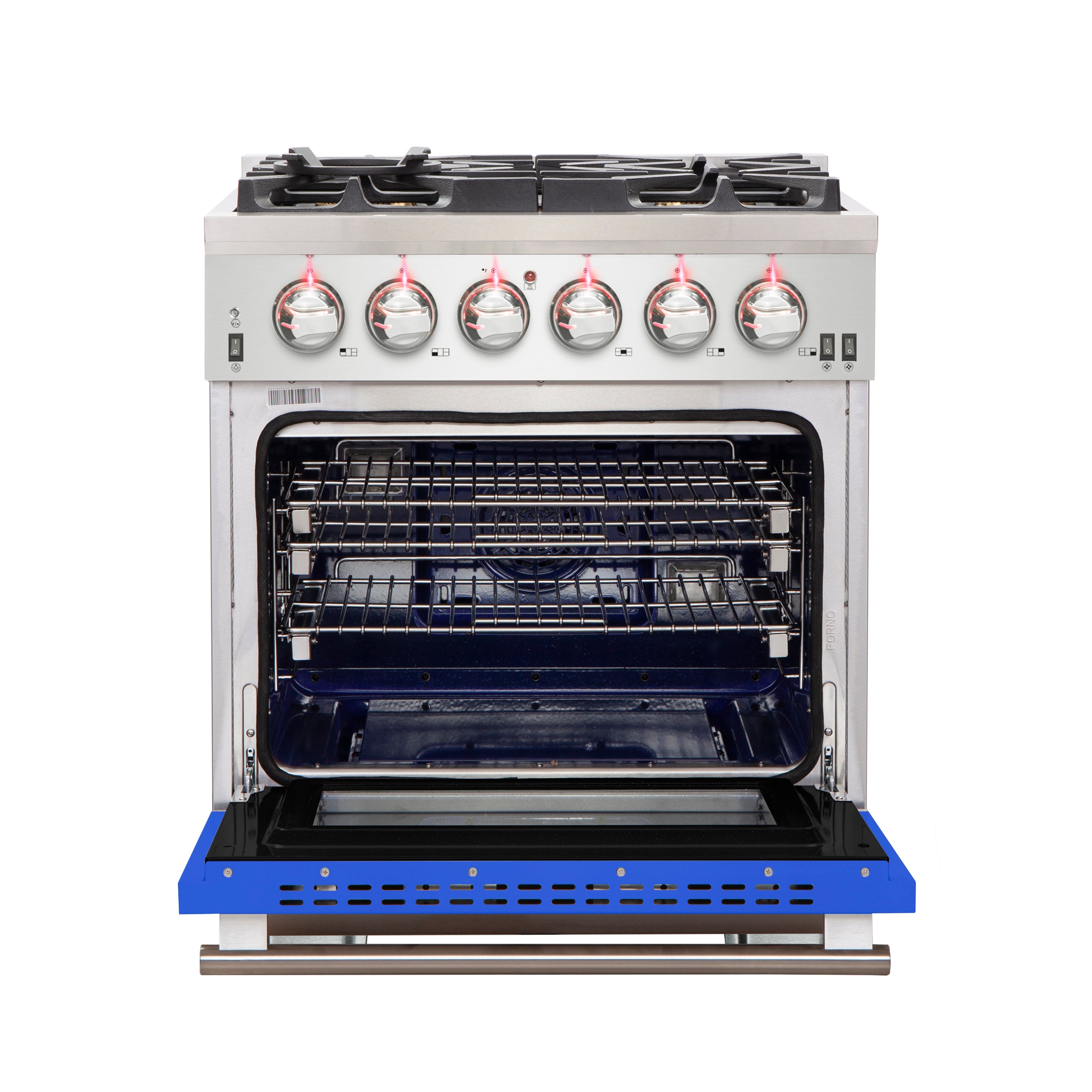 Forno Capriasca 30-Inch Freestanding Gas Range, 4 Burners, True Convection Oven, Blue Door