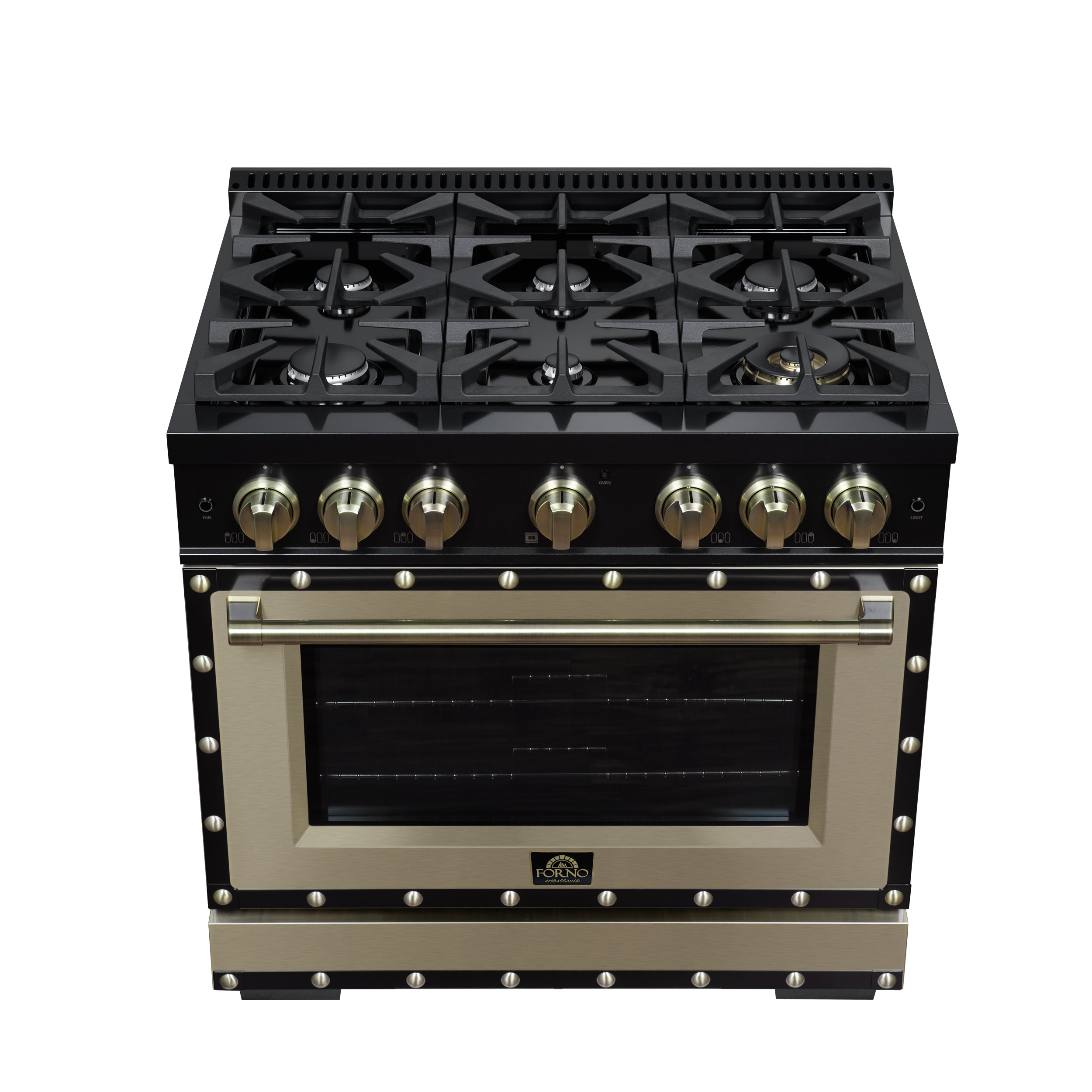 Valente 36" Gas Range in Black, 6 Sealed Burnes, 71 000 BTU Cooktop Output , 5.2 Cu.Ft. convection Oven, Telescopic Racks