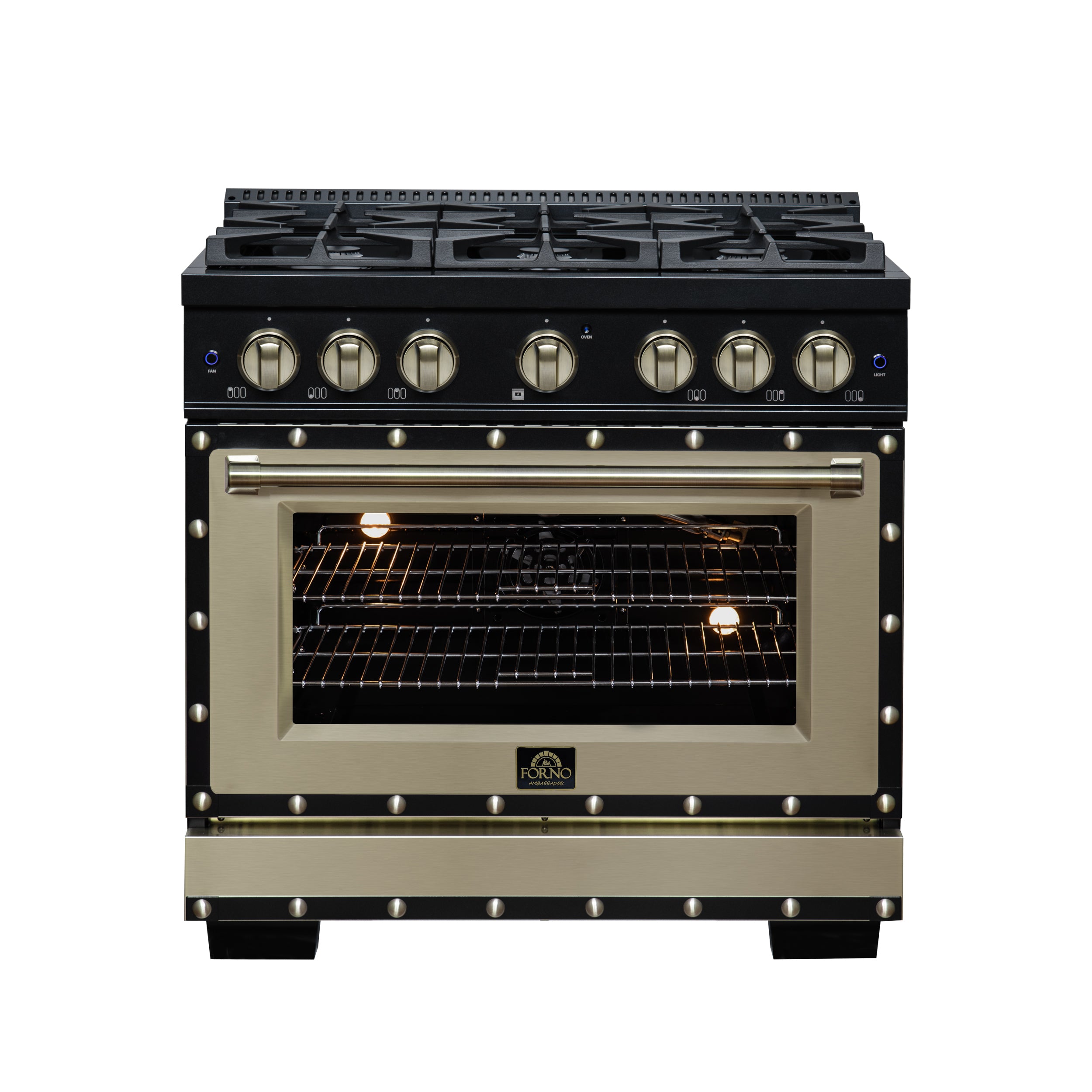 Valente 36" Gas Range in Black, 6 Sealed Burnes, 71 000 BTU Cooktop Output , 5.2 Cu.Ft. convection Oven, Telescopic Racks