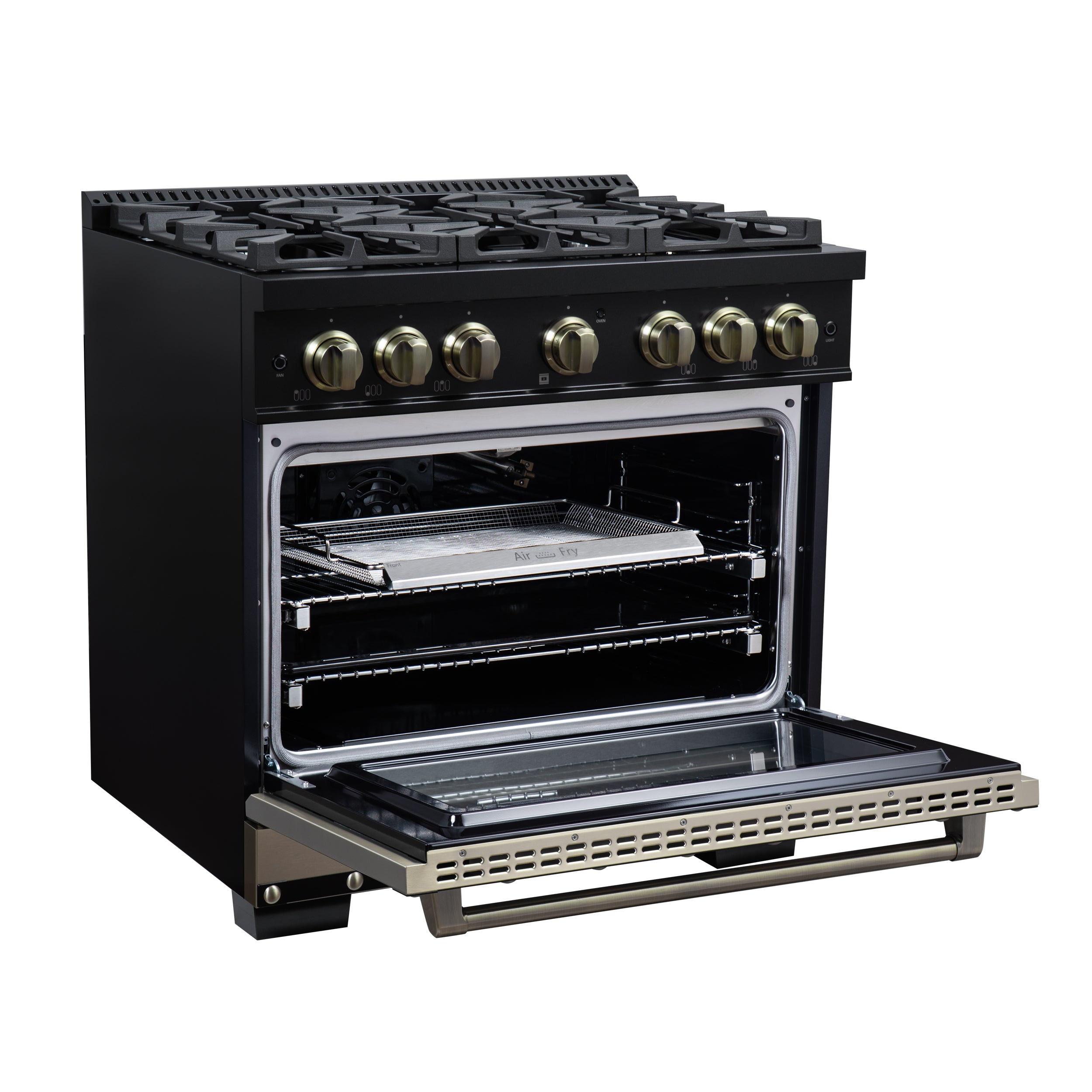 Valente 36" Gas Range in Black, 6 Sealed Burnes, 71 000 BTU Cooktop Output , 5.2 Cu.Ft. convection Oven, Telescopic Racks