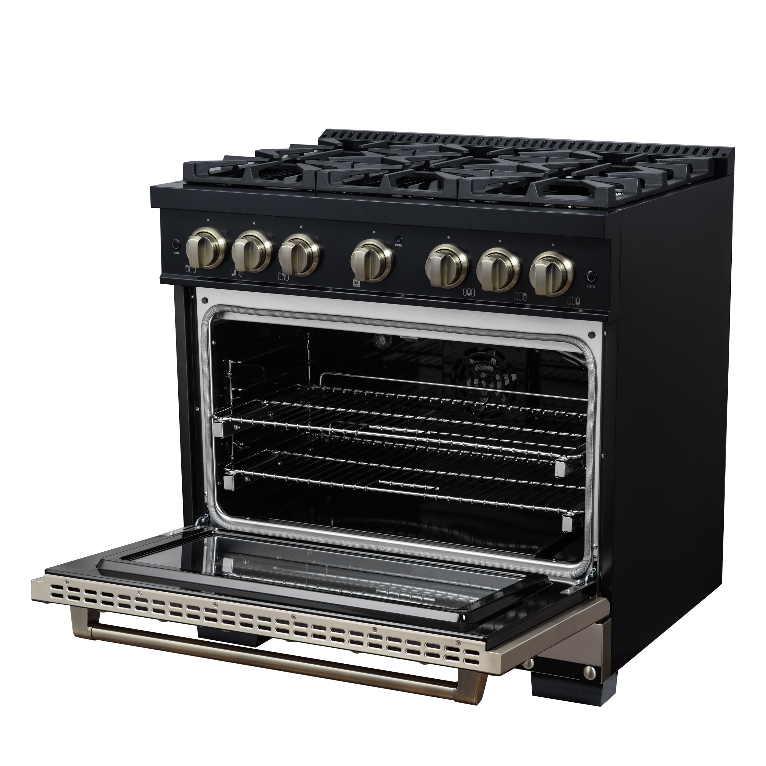Valente 36" Gas Range in Black, 6 Sealed Burnes, 71 000 BTU Cooktop Output , 5.2 Cu.Ft. convection Oven, Telescopic Racks
