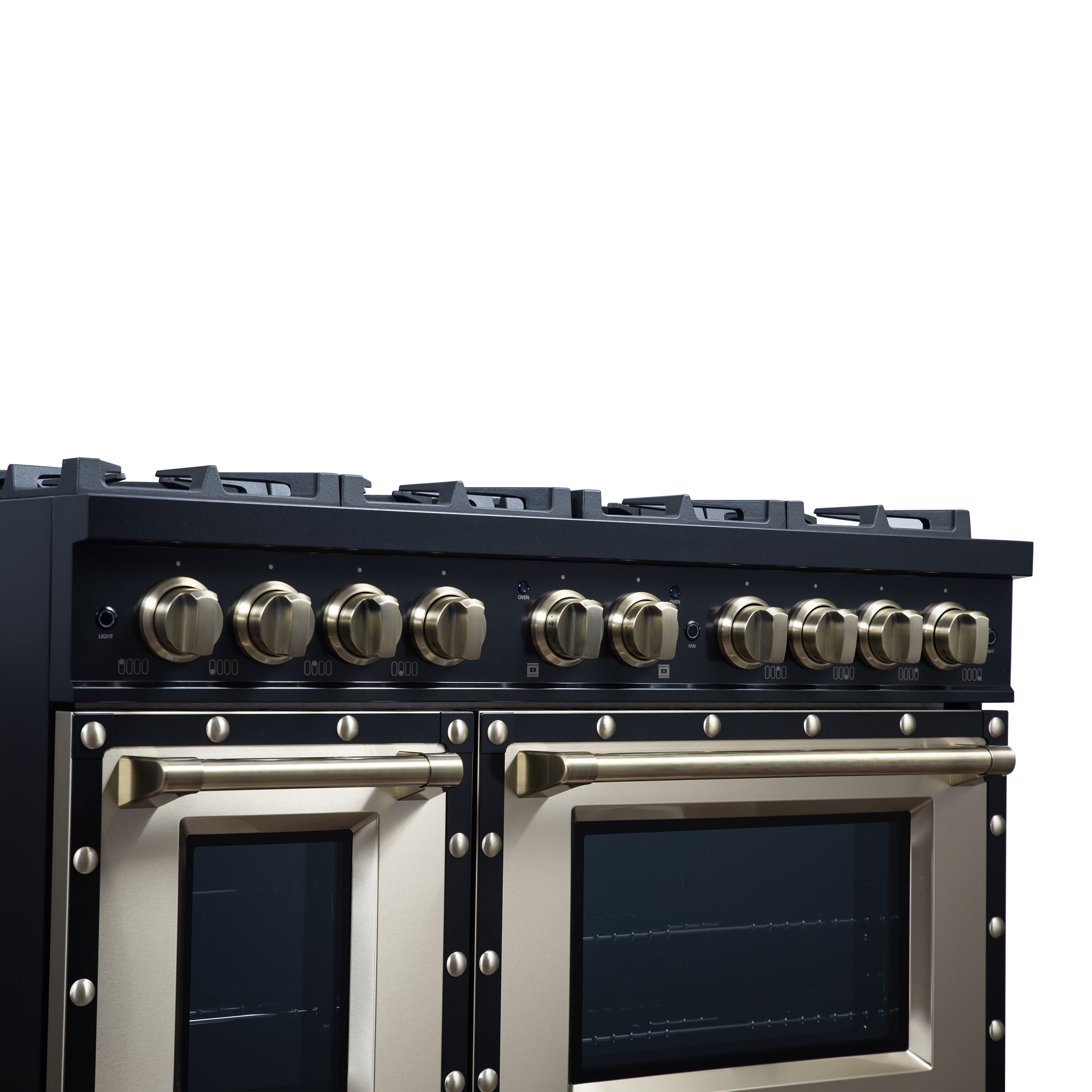 Valente 48" Gas Range in Black, 8 Sealed Burnes, 94 000 BTU Cooktop Output, 6.7 Cu.Ft. Double Oven, Telescopic Racks
