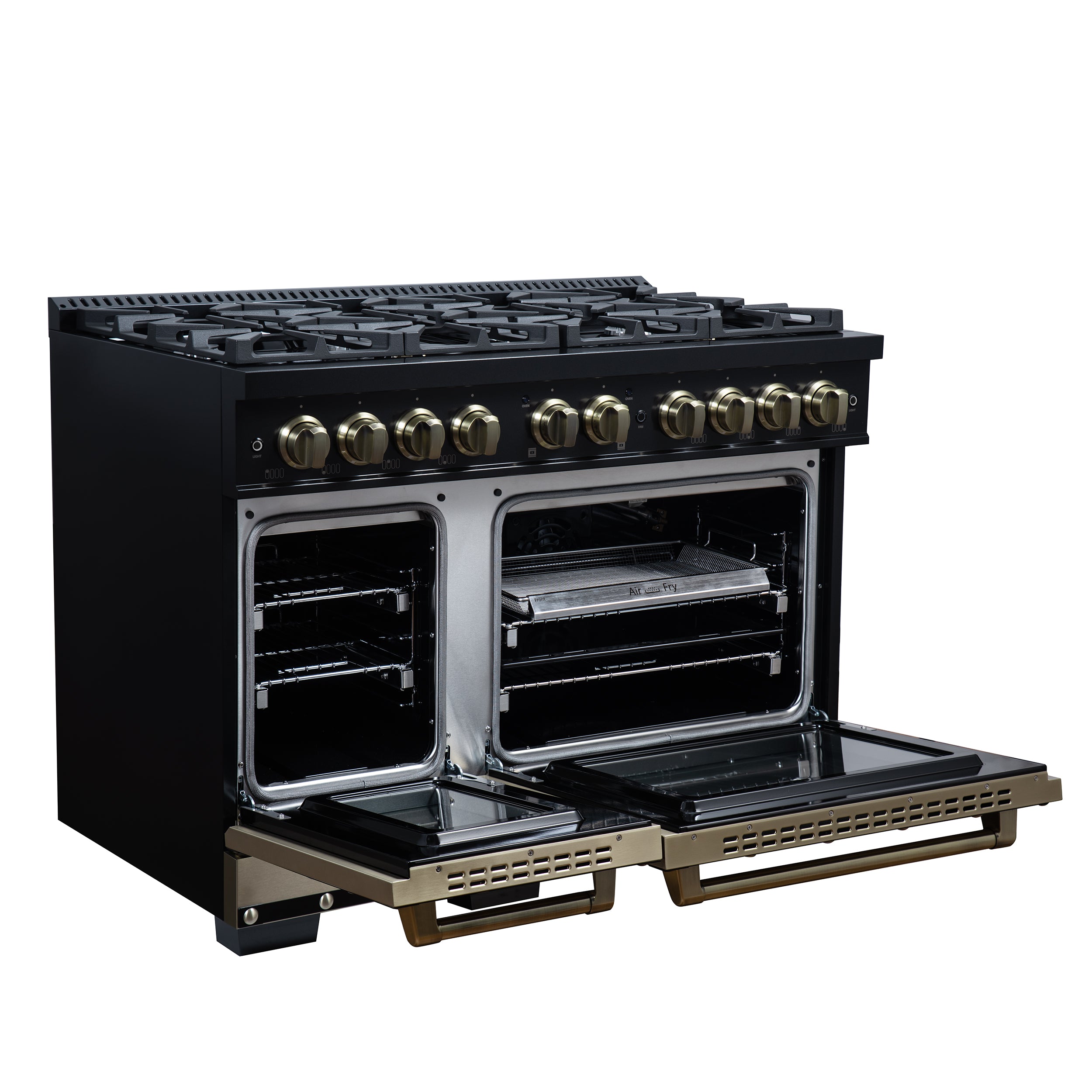 Valente 48" Gas Range in Black, 8 Sealed Burnes, 94 000 BTU Cooktop Output, 6.7 Cu.Ft. Double Oven, Telescopic Racks