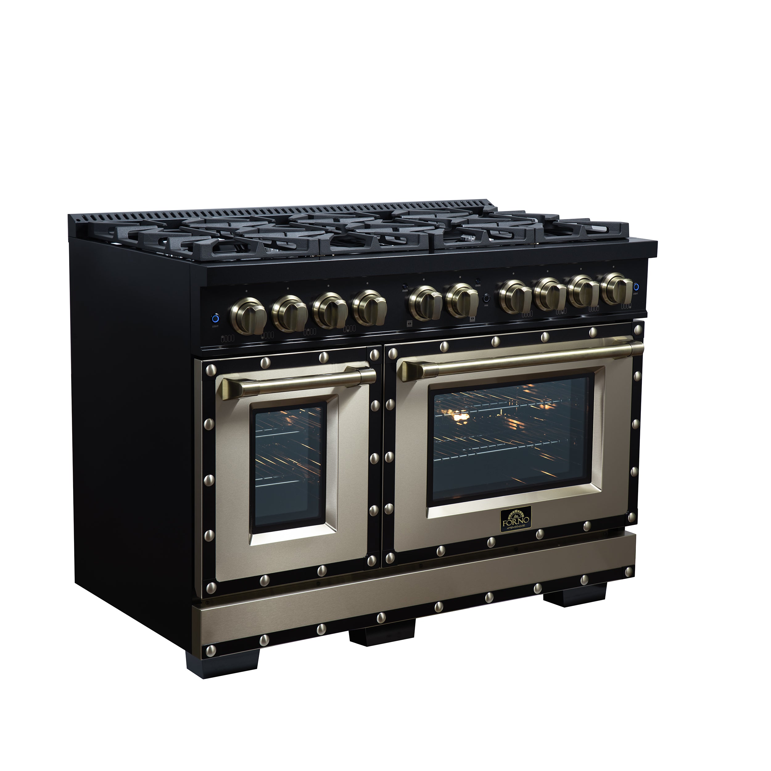 Valente 48" Gas Range in Black, 8 Sealed Burnes, 94 000 BTU Cooktop Output, 6.7 Cu.Ft. Double Oven, Telescopic Racks