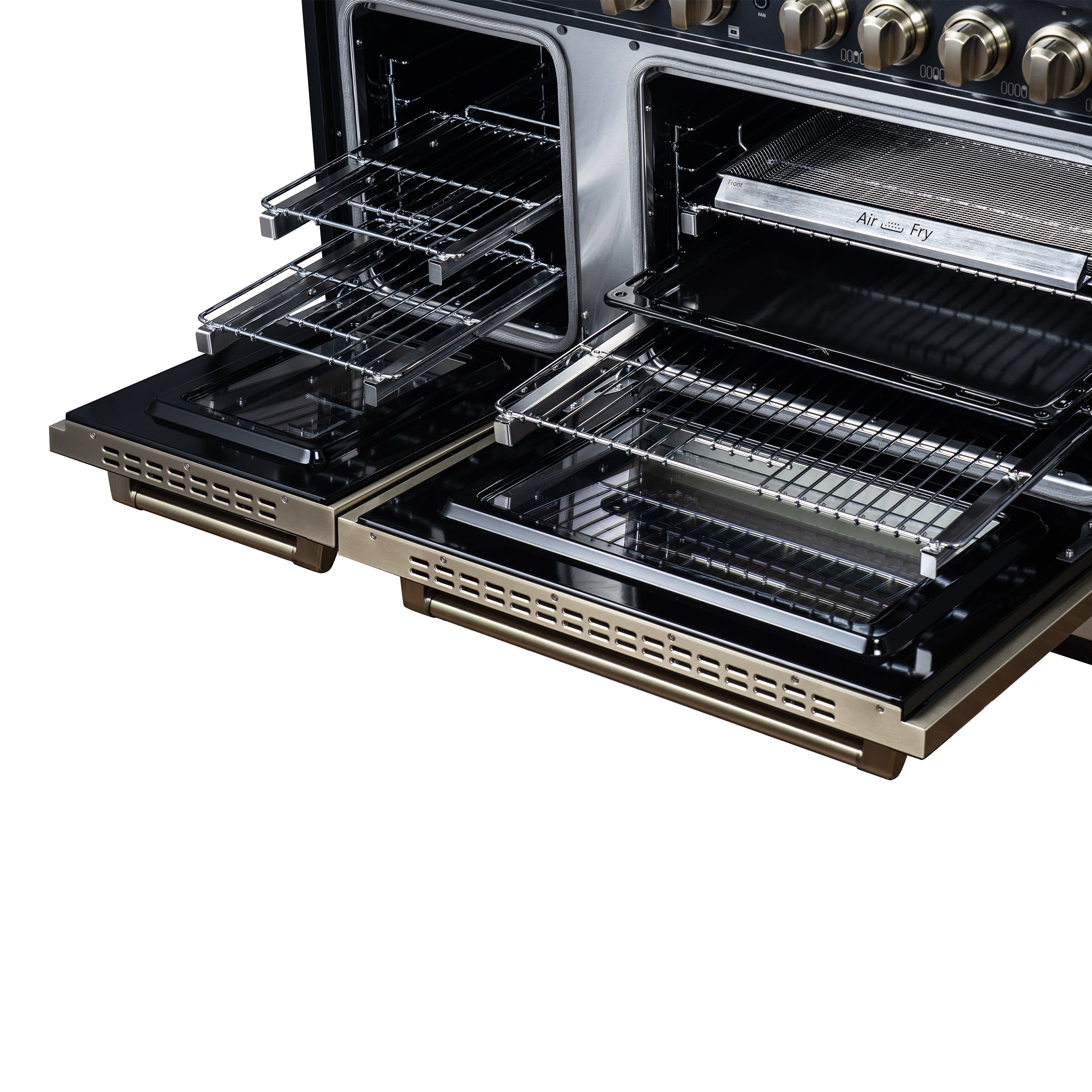 Valente 48" Gas Range in Black, 8 Sealed Burnes, 94 000 BTU Cooktop Output, 6.7 Cu.Ft. Double Oven, Telescopic Racks