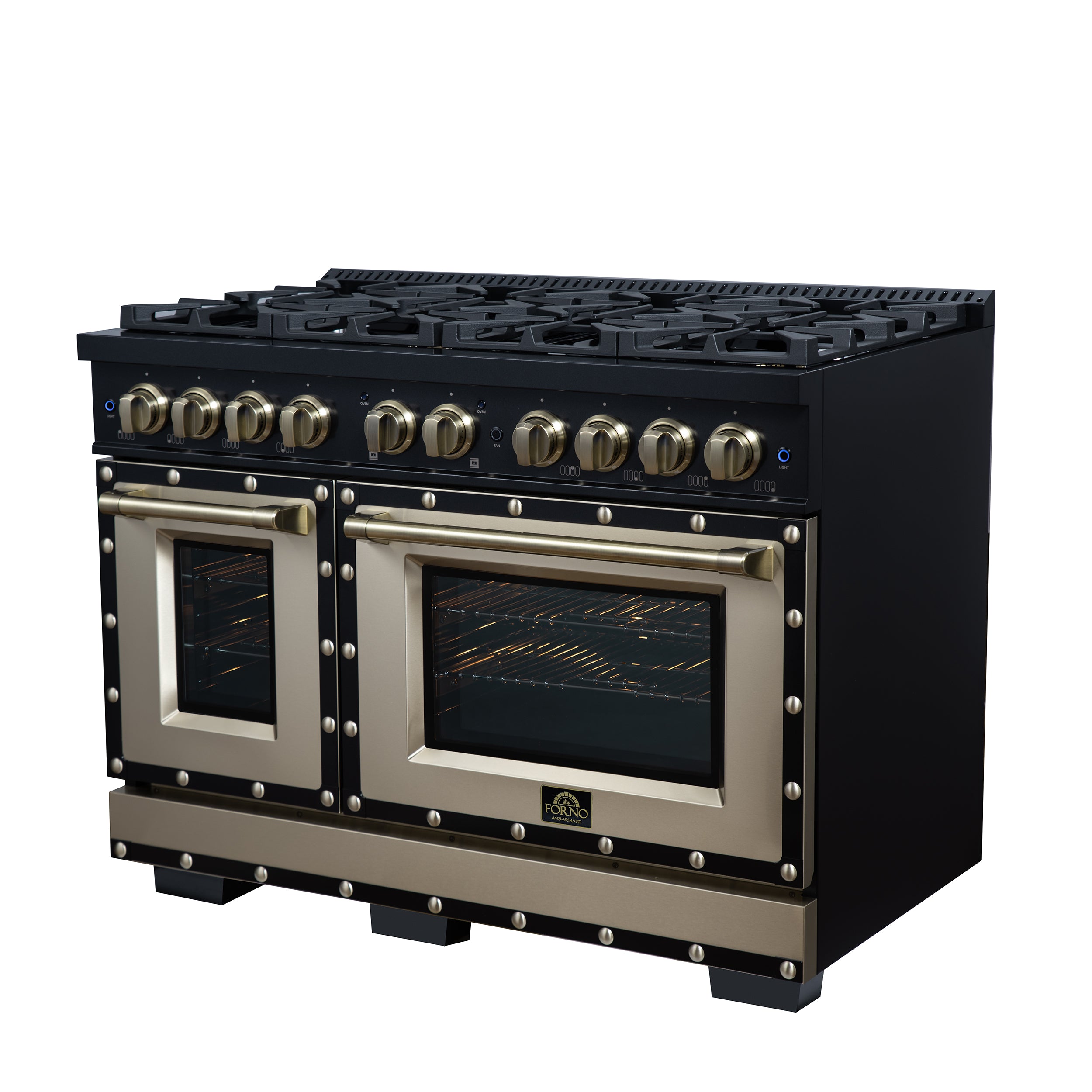 Valente 48" Gas Range in Black, 8 Sealed Burnes, 94 000 BTU Cooktop Output, 6.7 Cu.Ft. Double Oven, Telescopic Racks