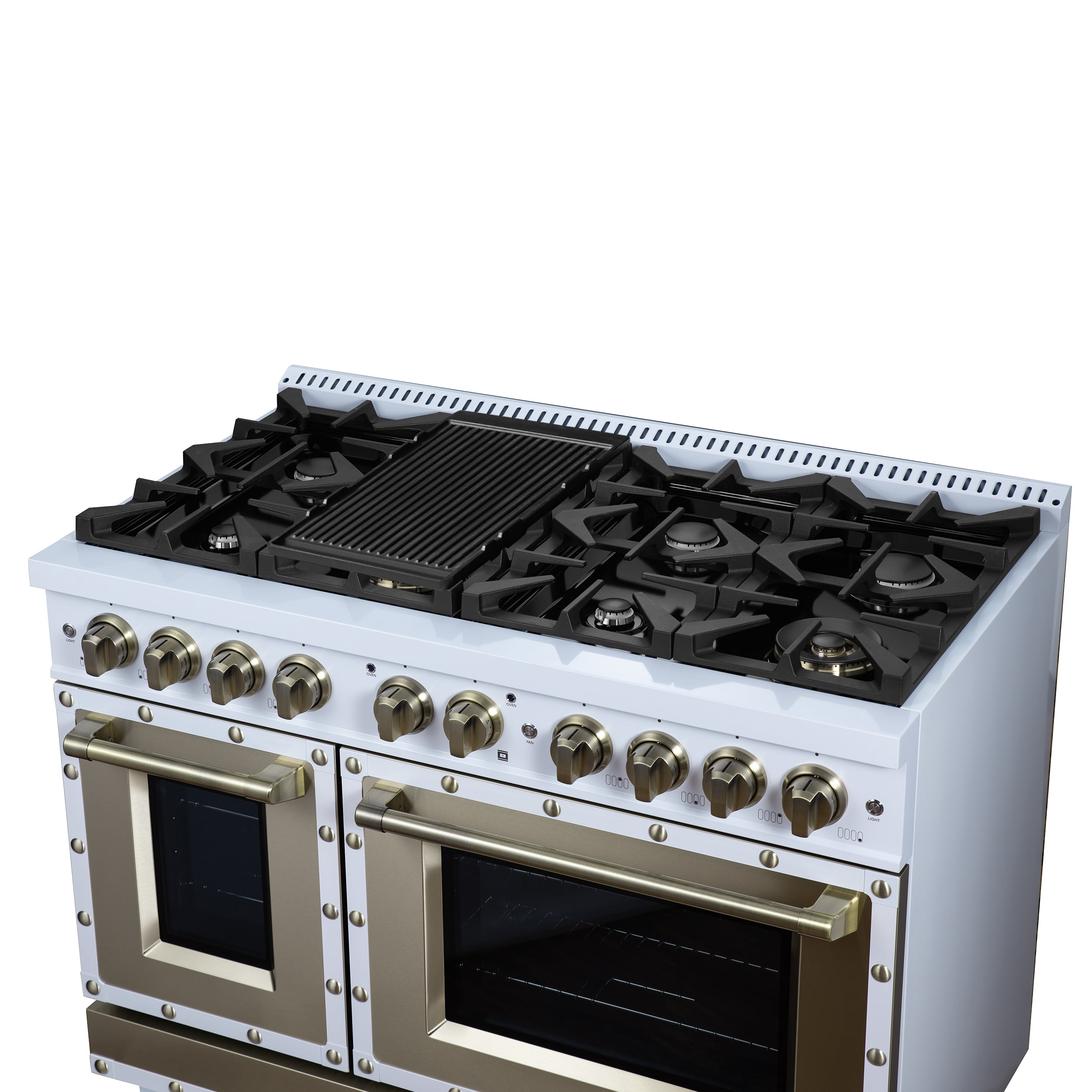 Valente 48" Gas Range in White, 8 Sealed Burnes, 94 000 BTU Cooktop Output, 6.7 Cu.Ft. Double Oven, Telescopic Racks