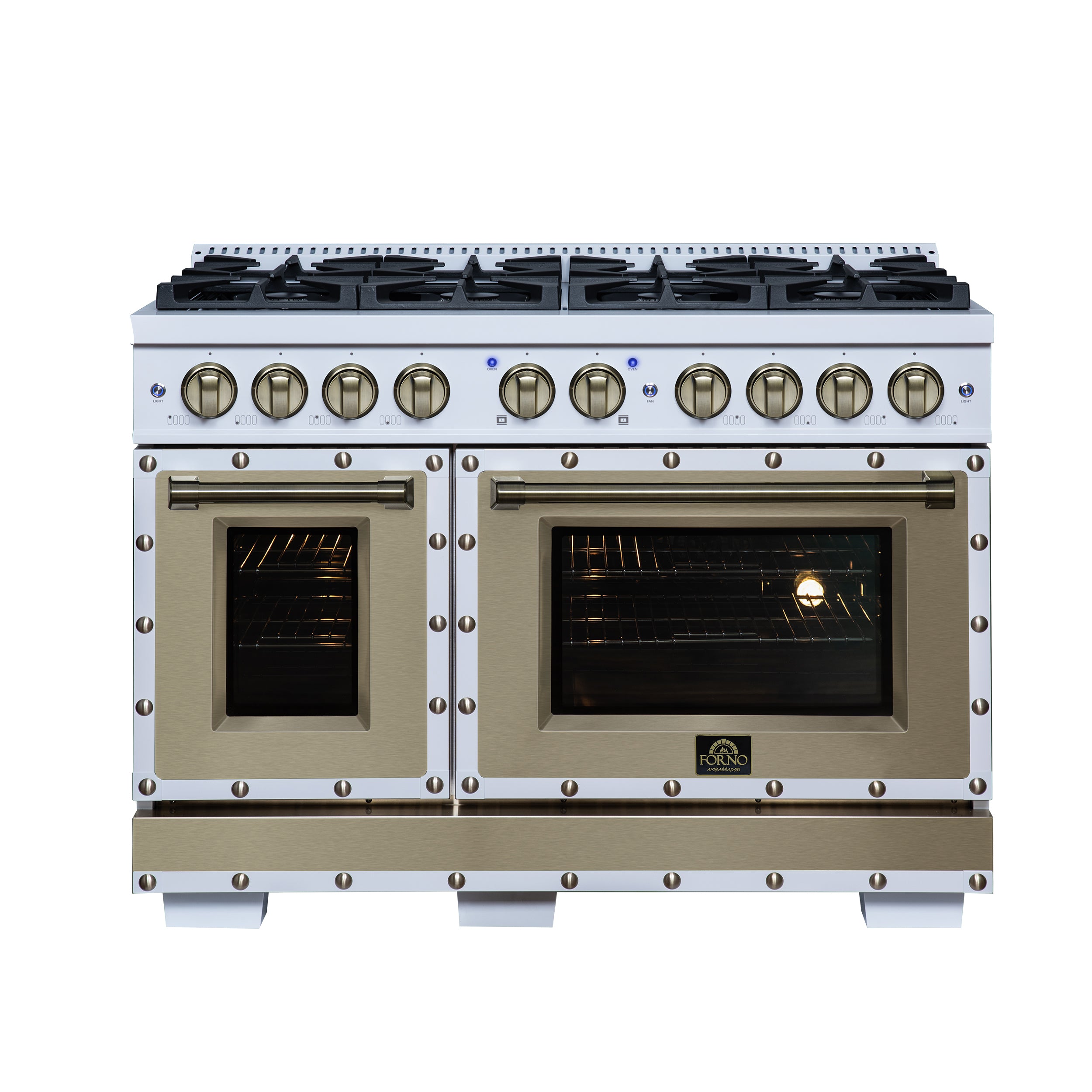 Valente 48" Gas Range in White, 8 Sealed Burnes, 94 000 BTU Cooktop Output, 6.7 Cu.Ft. Double Oven, Telescopic Racks