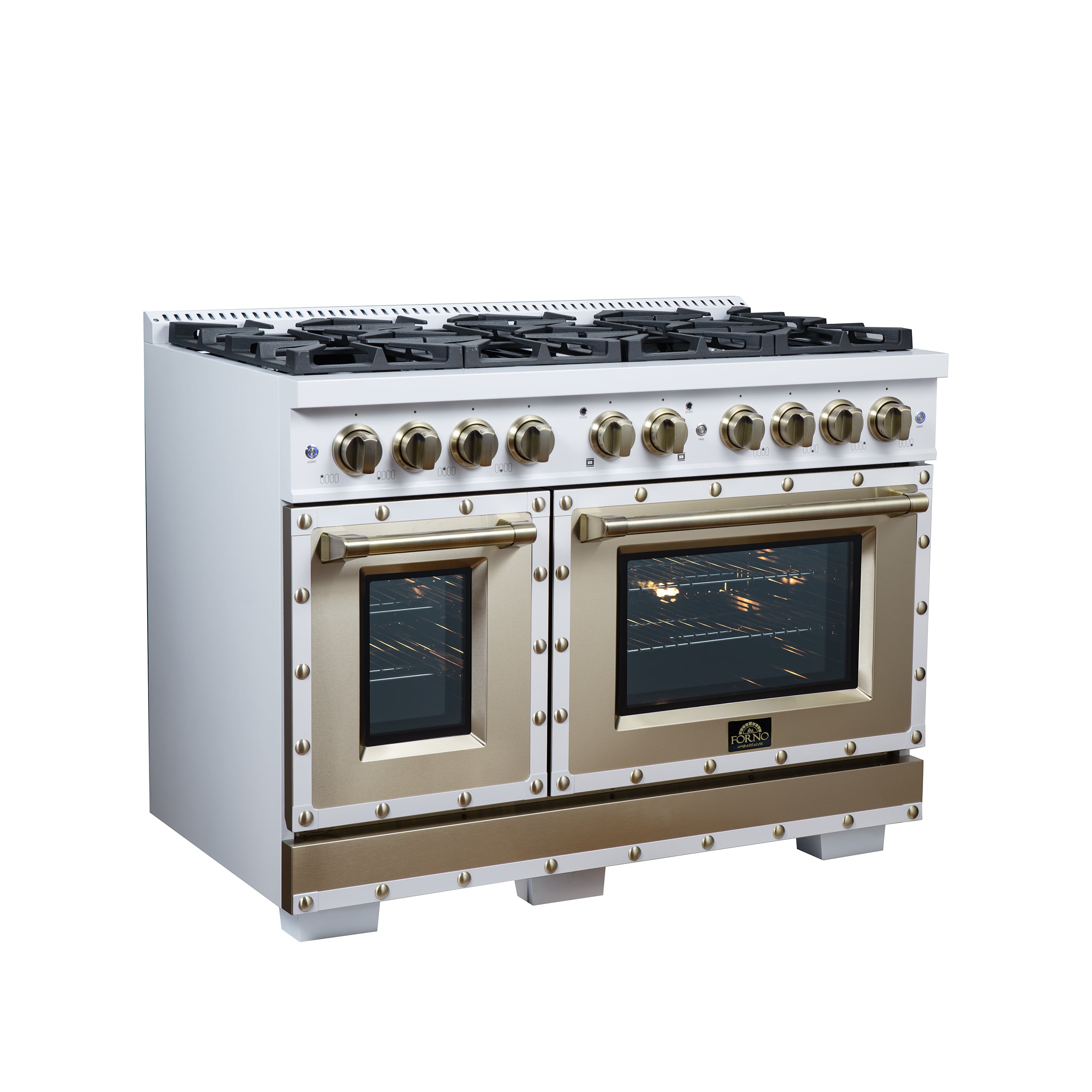 Valente 48" Gas Range in White, 8 Sealed Burnes, 94 000 BTU Cooktop Output, 6.7 Cu.Ft. Double Oven, Telescopic Racks