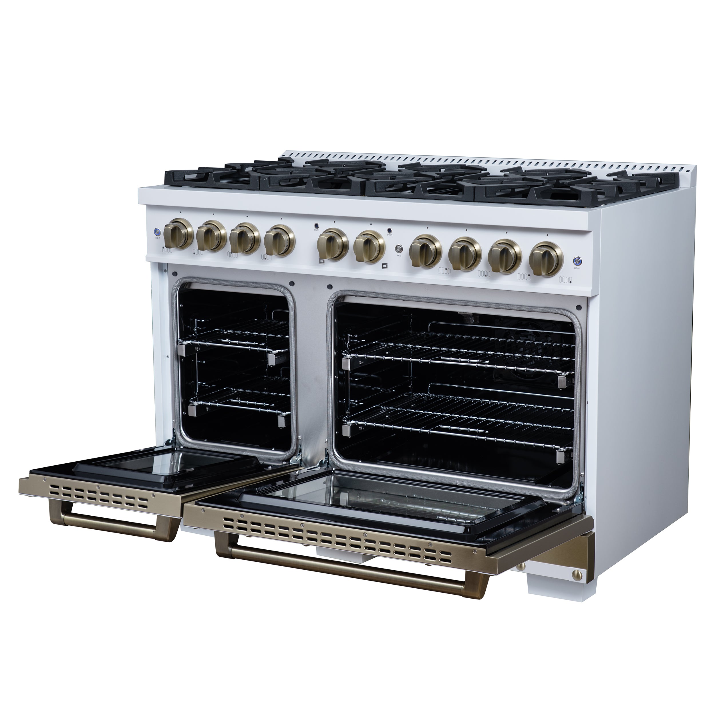Valente 48" Gas Range in White, 8 Sealed Burnes, 94 000 BTU Cooktop Output, 6.7 Cu.Ft. Double Oven, Telescopic Racks