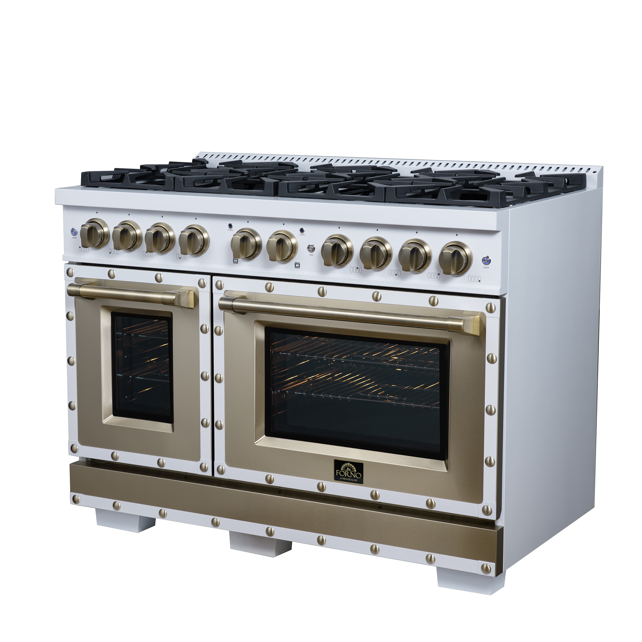 Valente 48" Gas Range in White, 8 Sealed Burnes, 94 000 BTU Cooktop Output, 6.7 Cu.Ft. Double Oven, Telescopic Racks