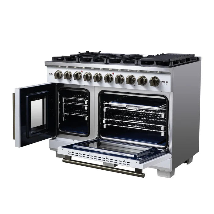 Forno Capriasca 48-Inch White Freestanding French Door Gas Range, 8 Burners, Convection Oven, Energy Efficient