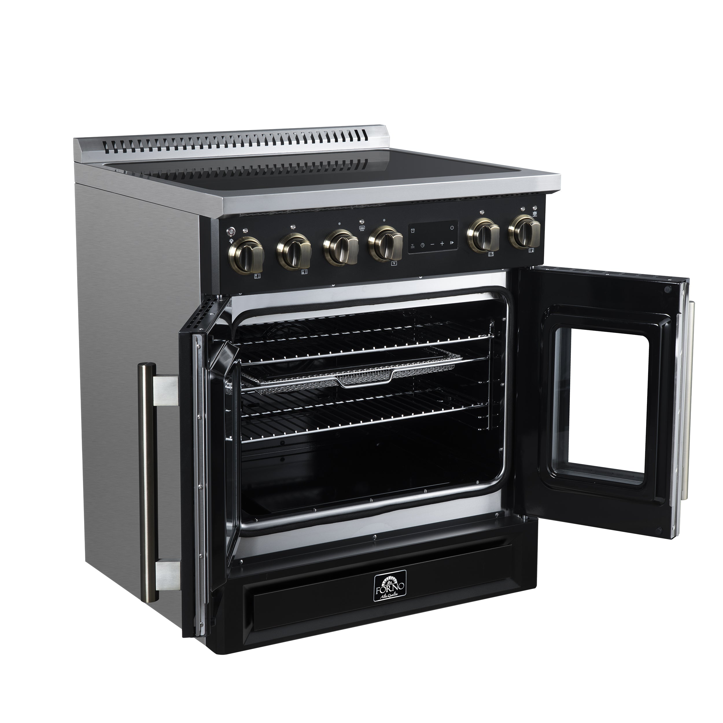 Torino French Door 30 Inch Induction Range with Air Fryer, Air Sous Vide & True Convection, Dual Broiler, Black