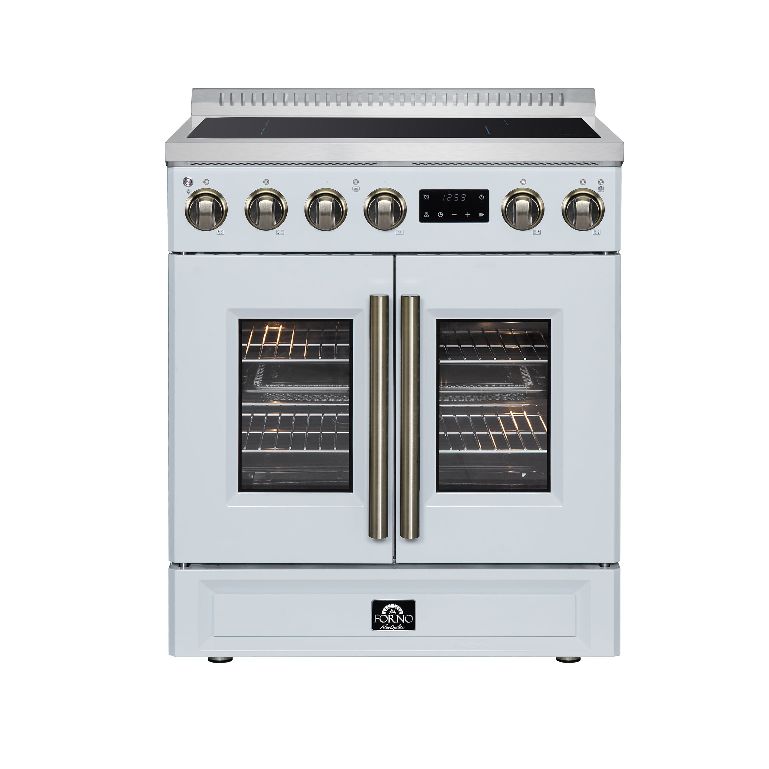 Torino French Door 30 Inch Induction Range with Air Fryer, Air Sous Vide & True Convection, Dual Broiler, White