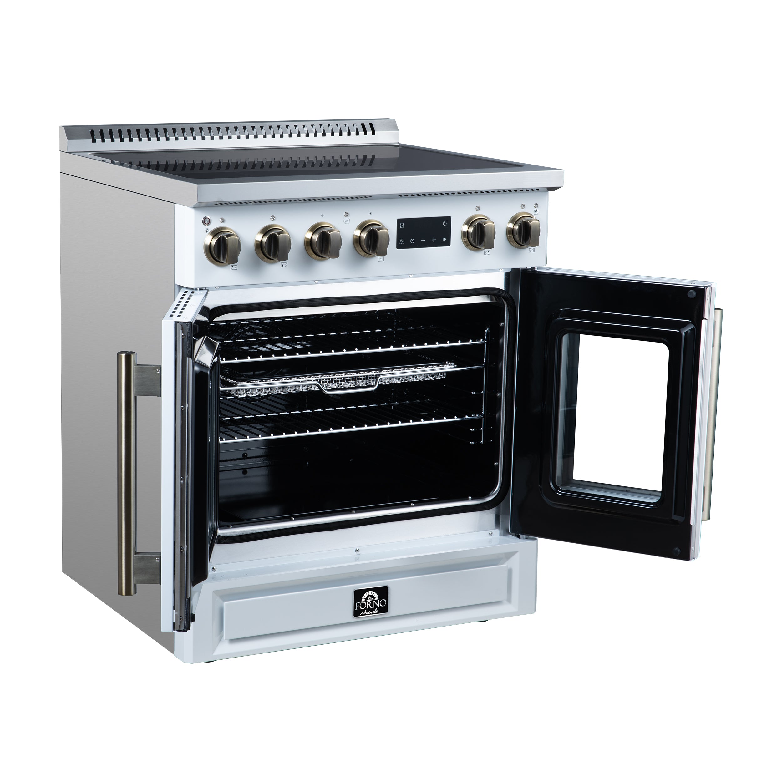 Torino French Door 30 Inch Induction Range with Air Fryer, Air Sous Vide & True Convection, Dual Broiler, White