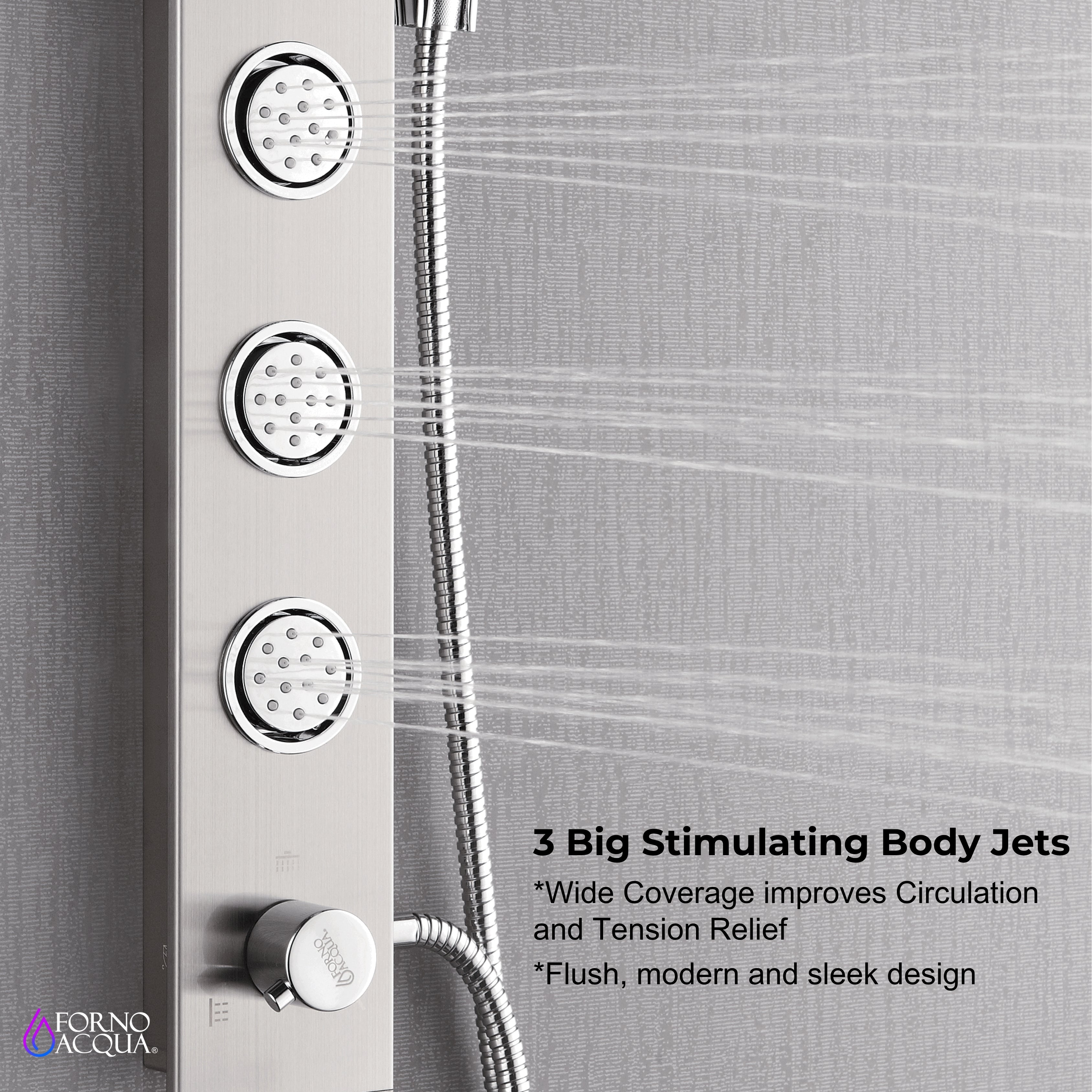 Forno Acqua AcquaSPA Shower Panel in Stainless Steel, Overhead Rainfall Shower, Handheld Shower Head, Body Jets, 1.8 GPM Flow Rate