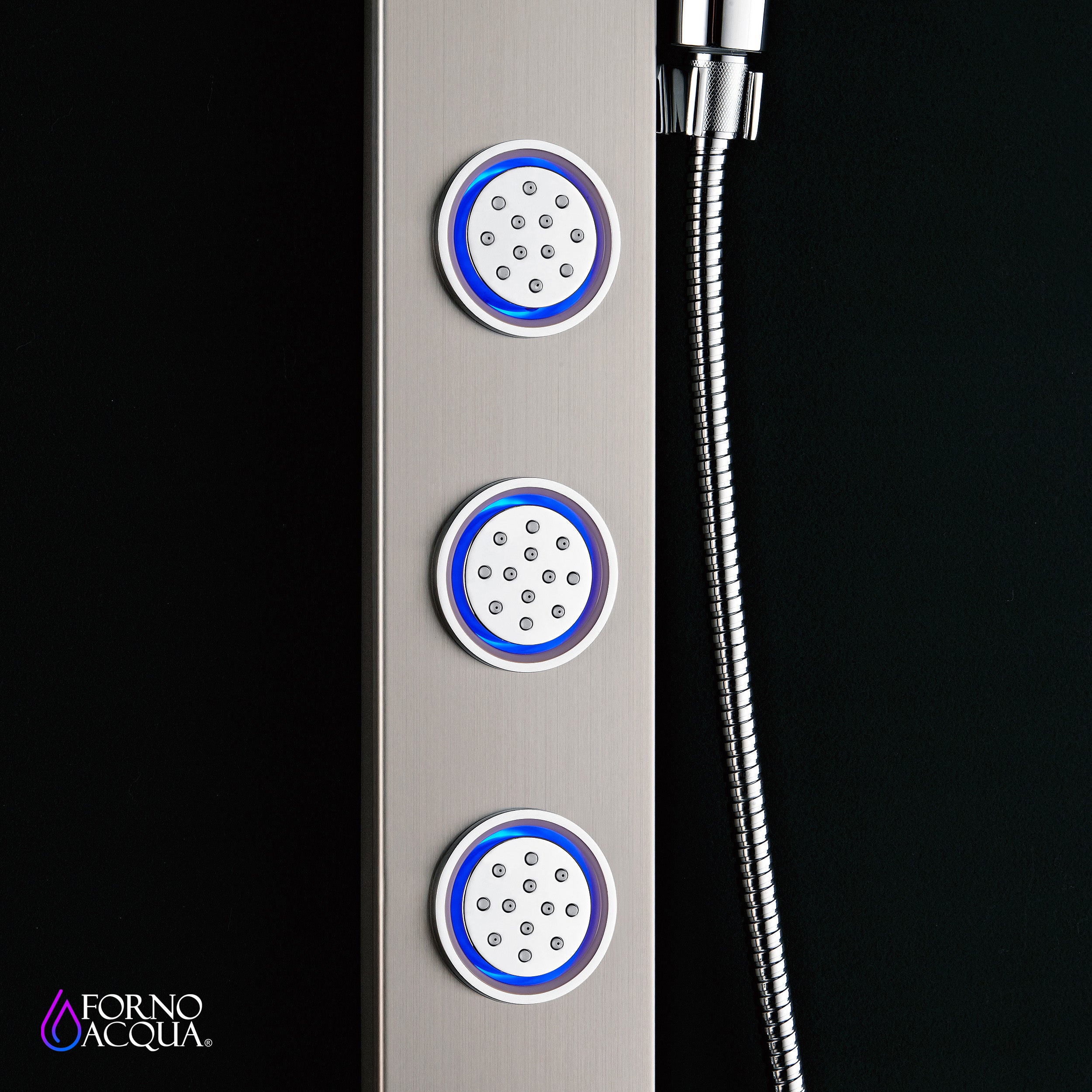 Forno Acqua AcquaSpa Shower Panel with SensoTemp, Stainless Steel, Overhead Rainfall Shower, Handheld Shower Head, Body Jets, 2.5 GPM Flow Rate