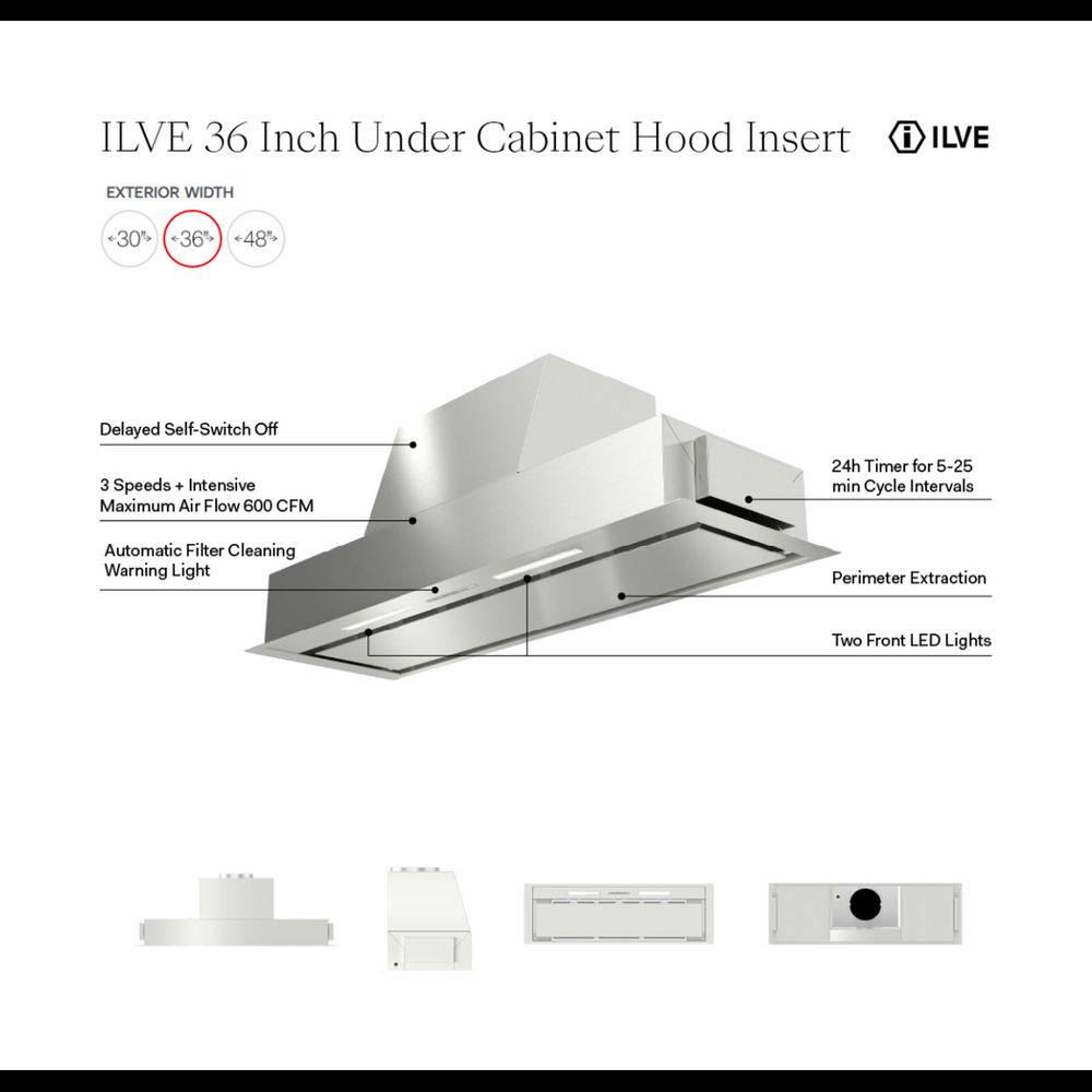 ILVE 36 inch Undercabinet Built-In Hood Insert with 600 CFM, 3 Speed Fan Speeds, Perimeter Extraction (Stainless Steel) - image 2