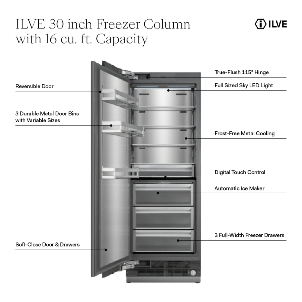 ILVE 30 inch Freezer Column with 16 cu. ft. Capacity, Automatic Ice Maker, up to 3.9 lb Daily Production, Full Size Ceiling LED Illumination Panel, Panel Ready - image 2