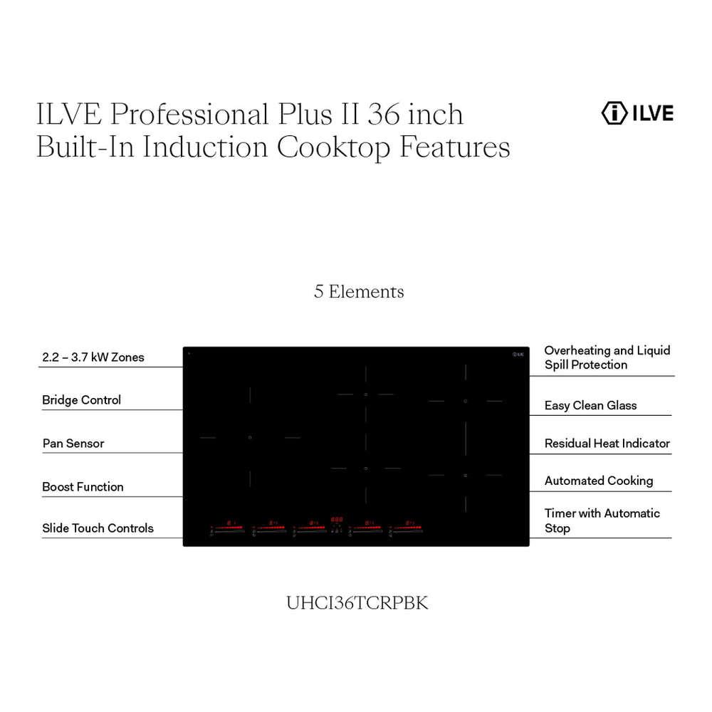 ILVE Professional Plus II 36 inch Built-In Induction Cooktop with 5 Element Zones in Glossy Black - image 2