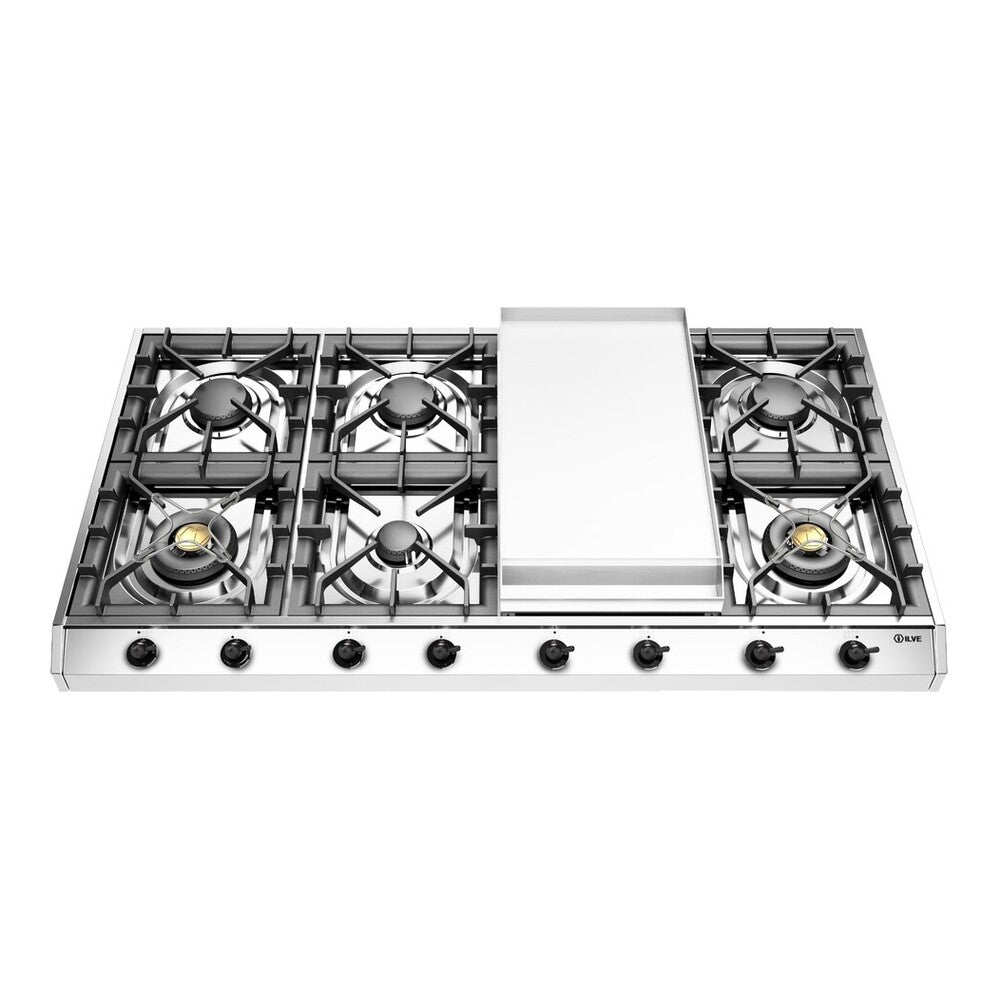 ILVE Nostalgie II 48 inch Gas Cooktop with 8 Burners, Griddle, in Stainless Steel - UHCP1265FNSSB